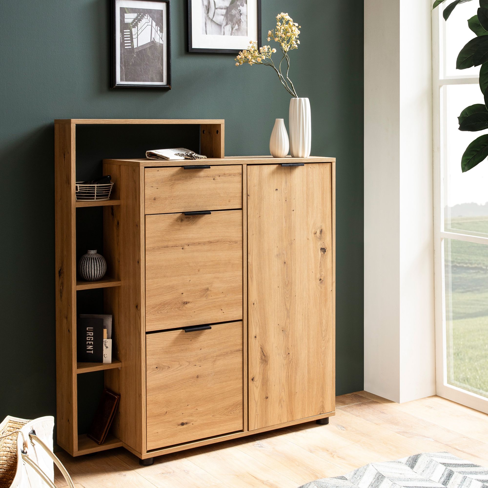 Armoire à chaussures décor chêne 98x110x30 cm benne à chaussures fermée, commode à chaussures avec tiroir moderne, armoire d'entrée avec étagère et rangement, commode d'entrée pour chaussures hautes