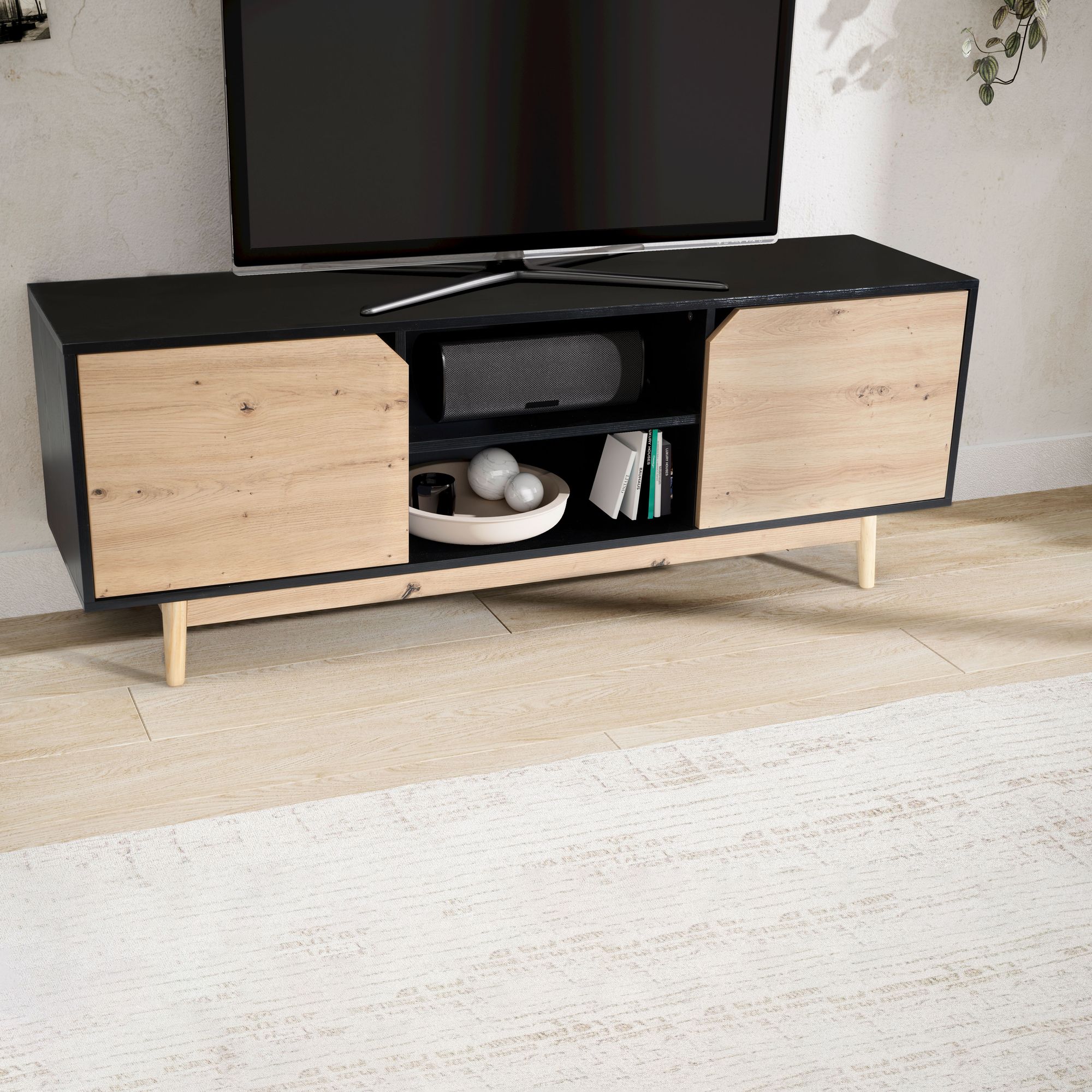 Lowboard chêne noir décor 150x55x40 cm meuble tv moderne, meuble tv design haut, table tv meuble tv avec deux portes, meuble tv salon