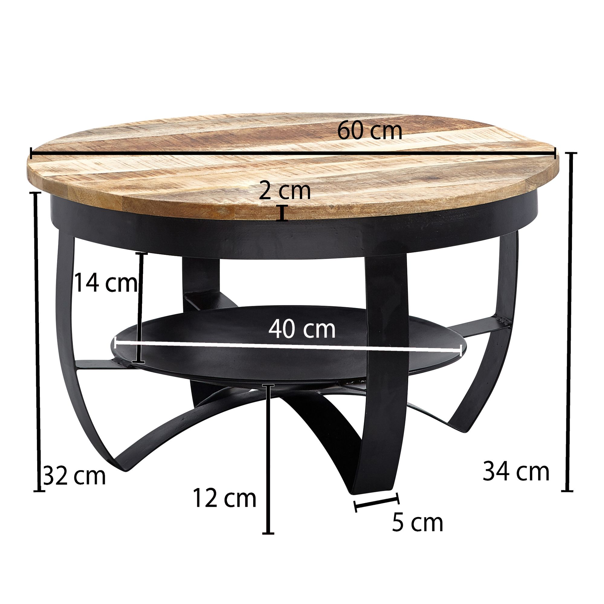 Salontafel 60x34x60 cm mango massief hout / metaal industrieel zwart rond