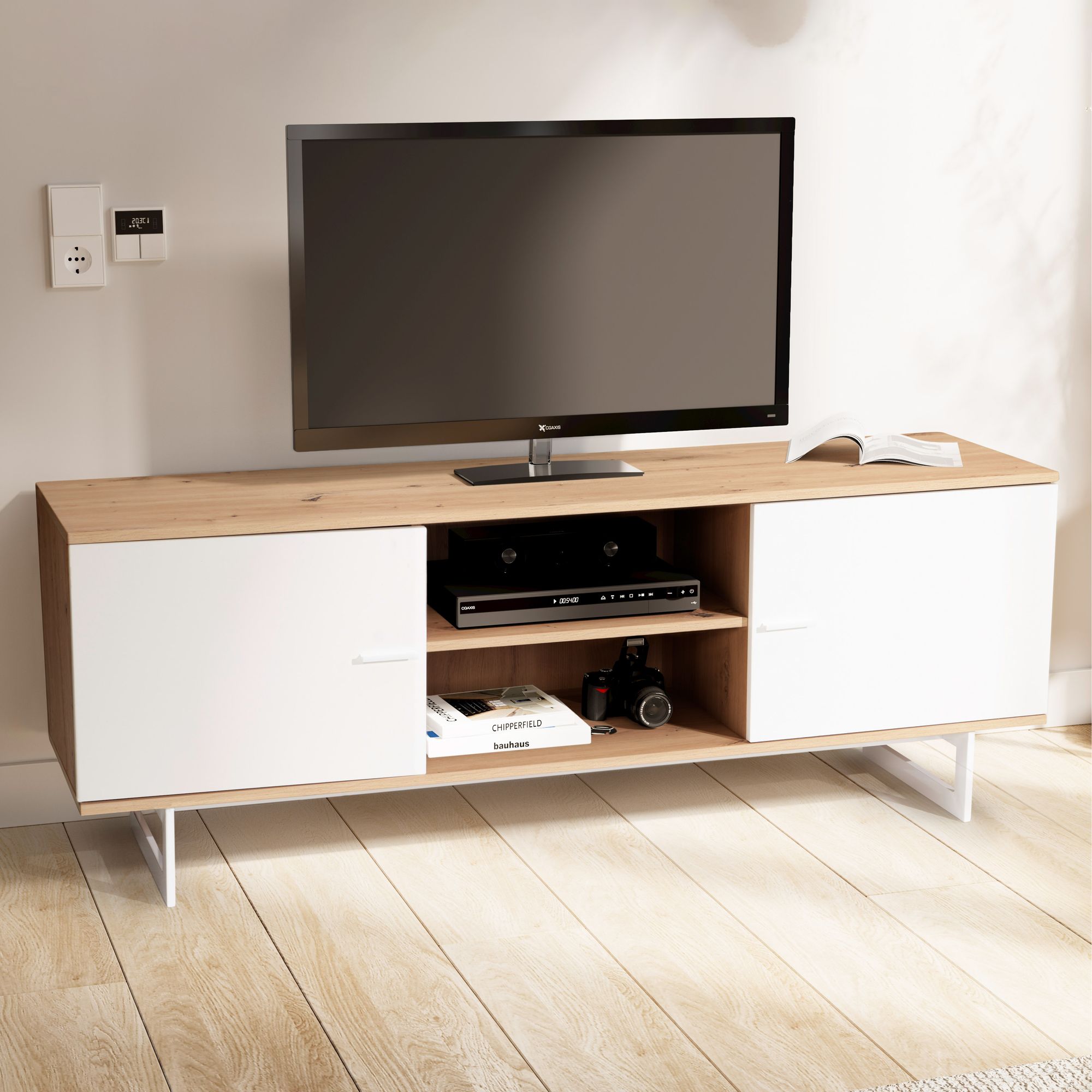 Lowboard chêne décor blanc 150x55x40 cm meuble tv moderne, meuble tv design haut, table tv meuble tv avec deux portes, meuble tv salon