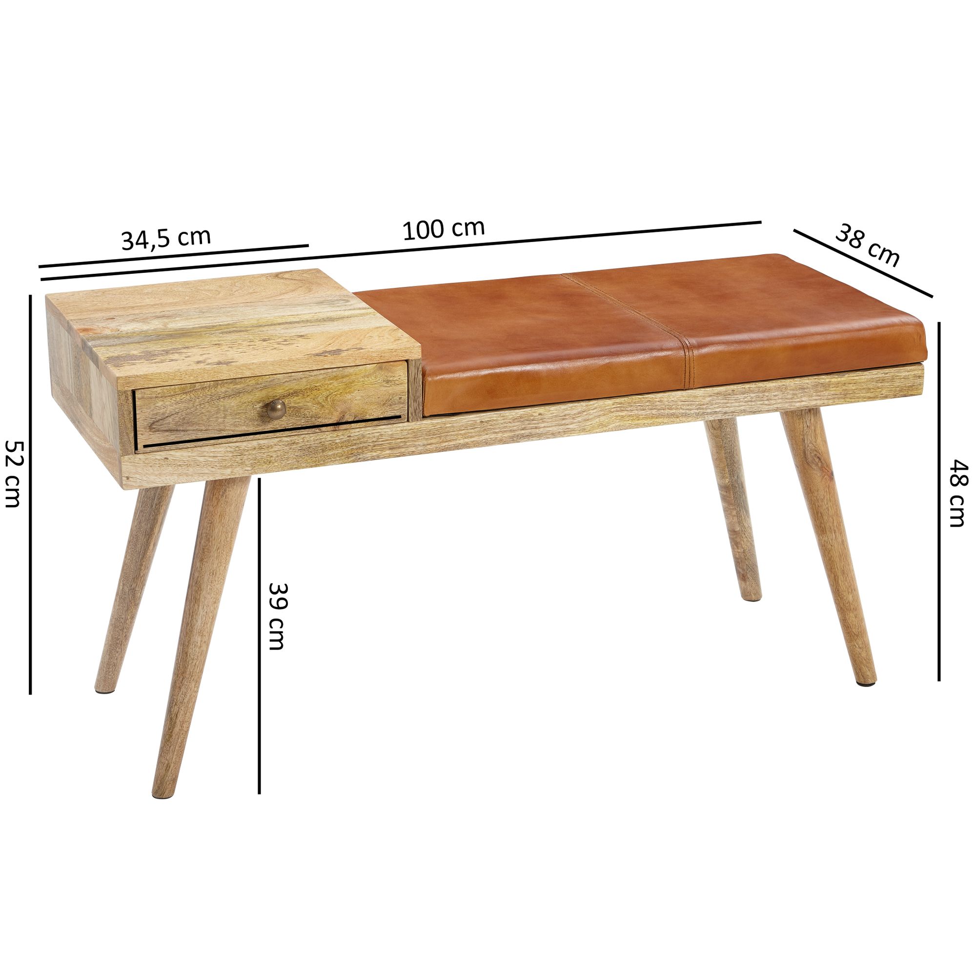 Bank salim geitenleder / massief houten bank 100x52x38 cm in retro stijl