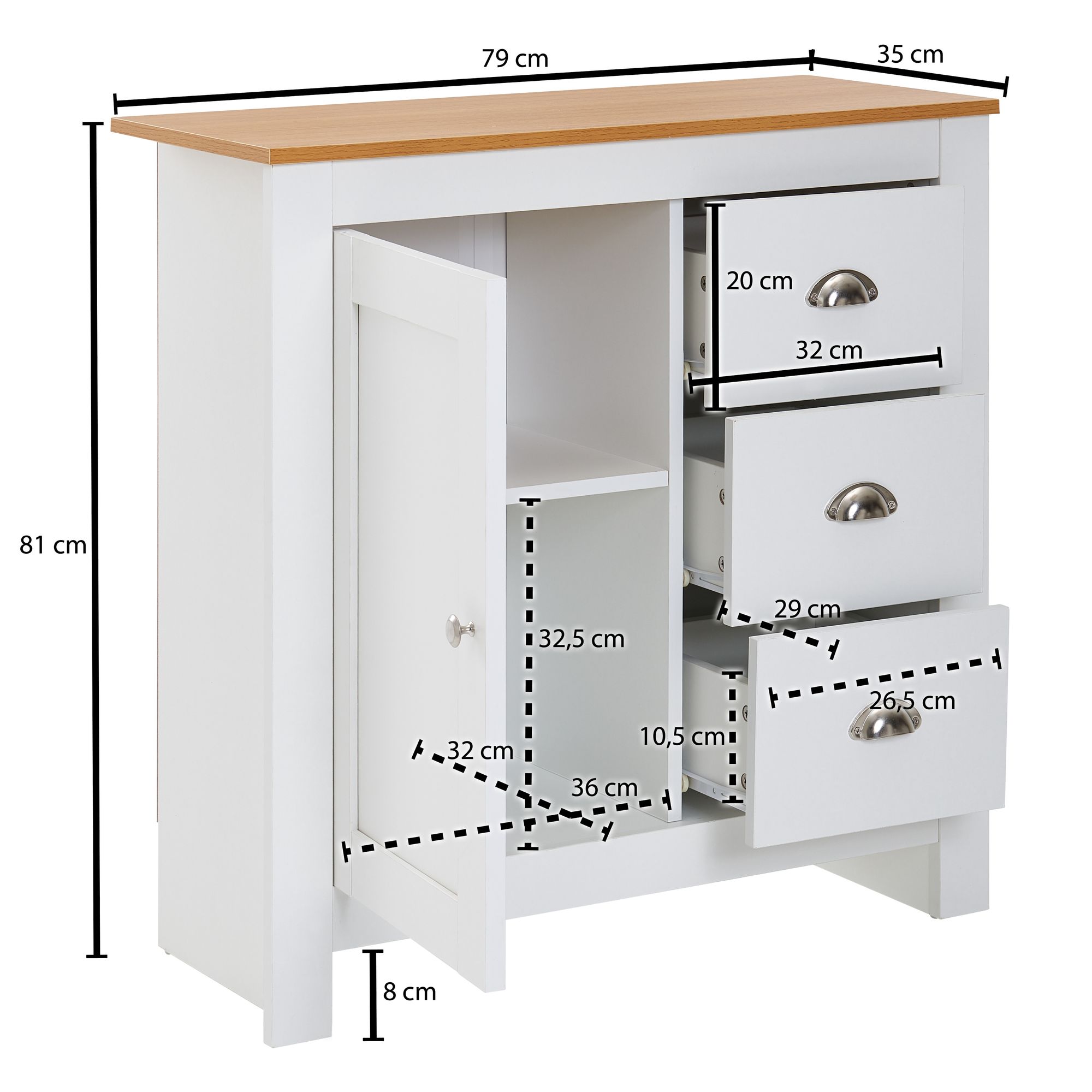 Buffet avec 3 tiroirs 79x81x35 cm commode blanc / chêne moderne, buffet design haut avec porte, commode à tiroirs salon