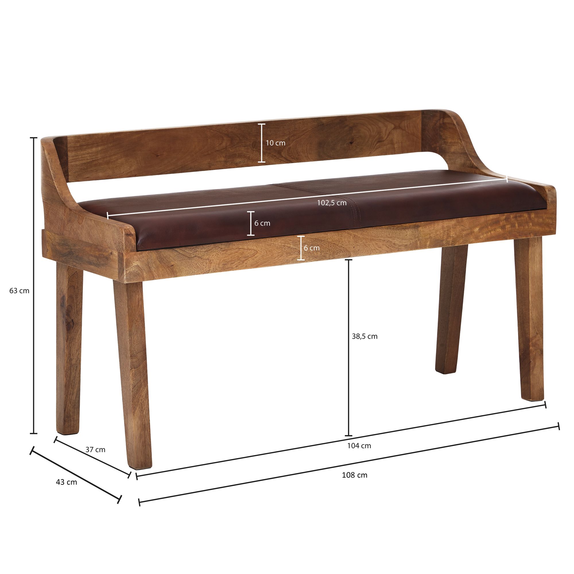 Bank echt leer / massief houten bank 108x63x43 cm