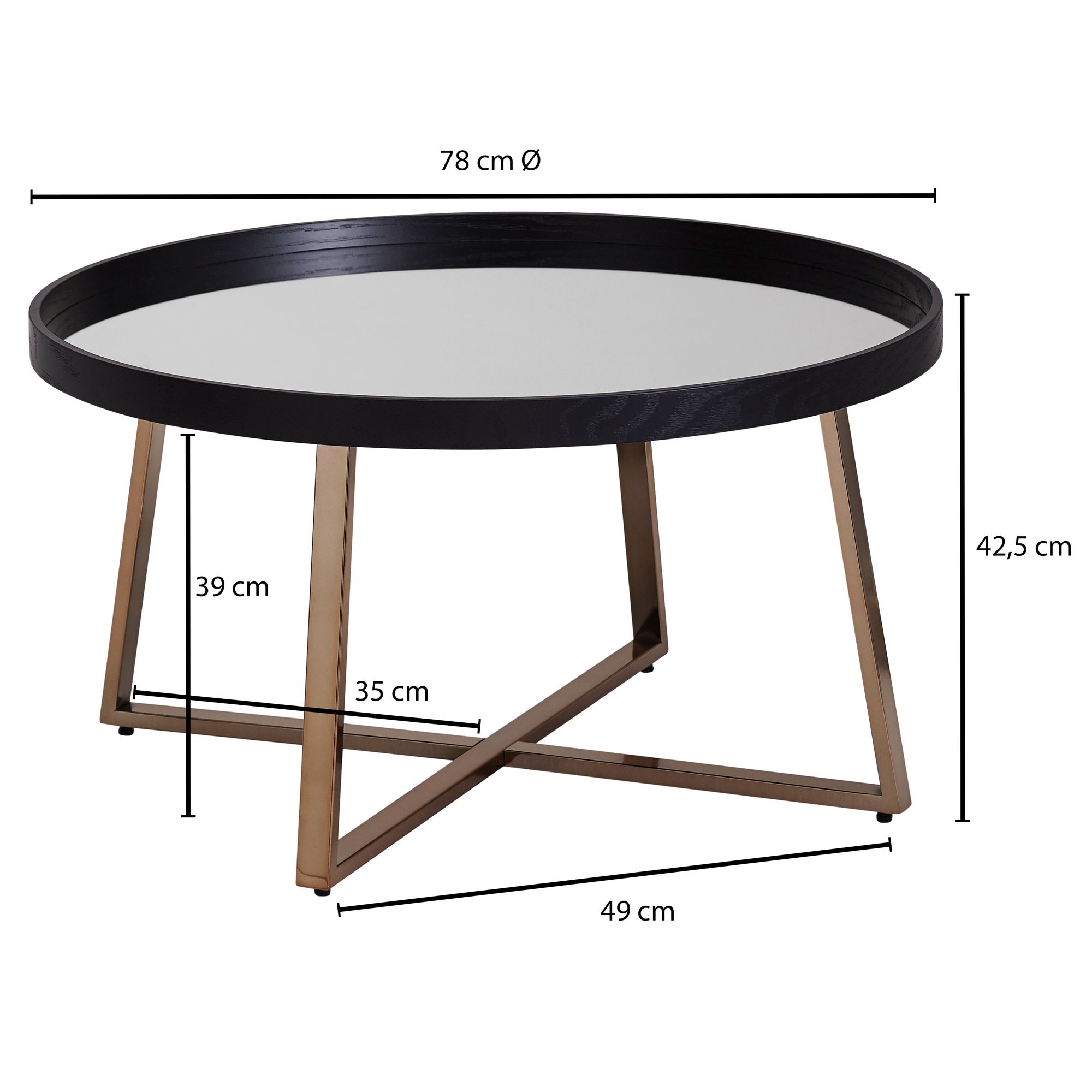 Table basse Design ronde Ø 78 cm or foncé avec plateau en verre miroir, structure en métal