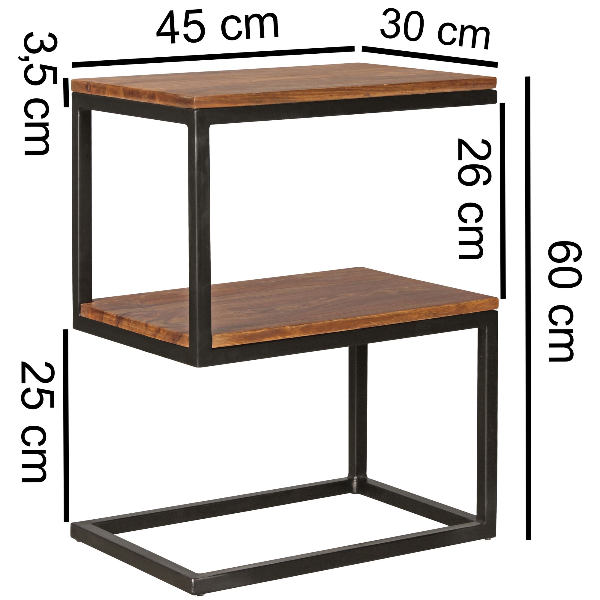 Bijzettafel akola s-vorm massief hout sheesham / metaal 45 x 60 x 30 cm