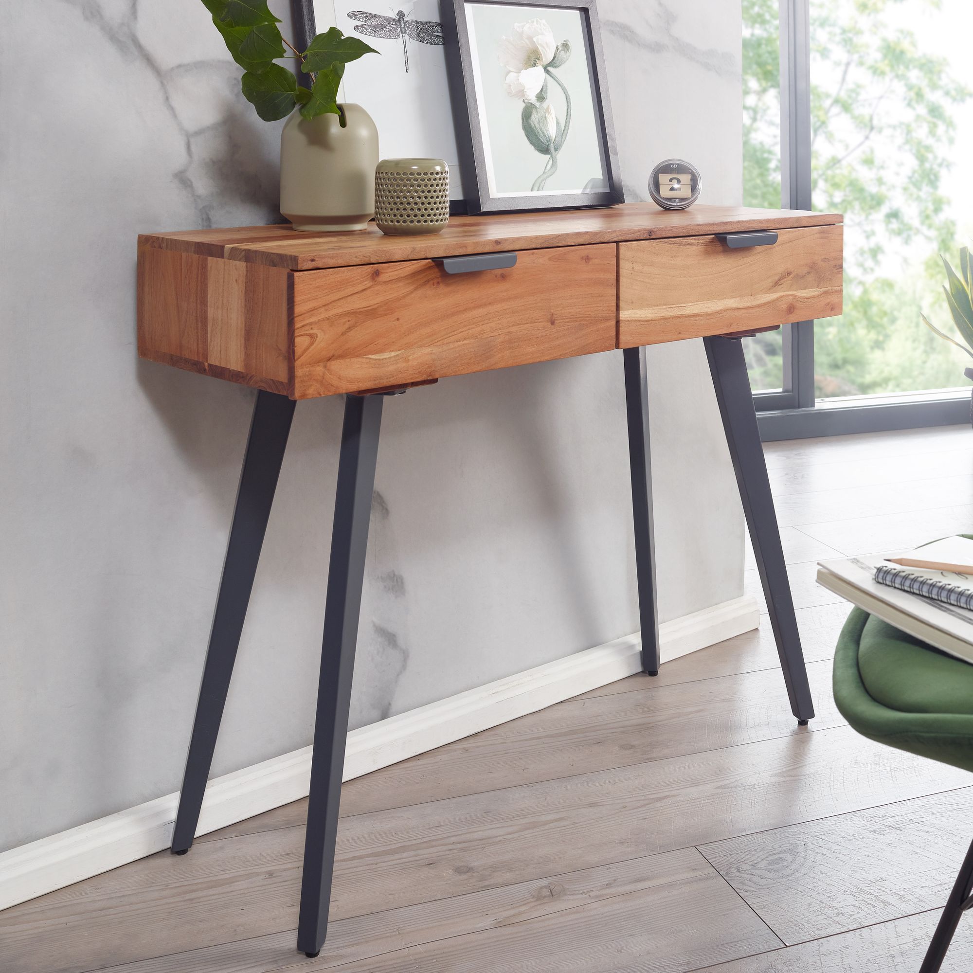 Table console 90 x 78 x 36 cm console en bois d'acacia massif/métal avec tiroirs