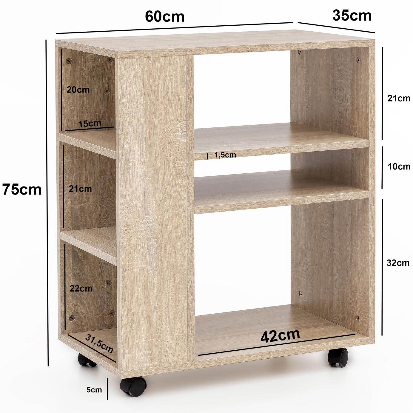 Étagère Sonoma 60x35x75 cm avec roulettes en bois