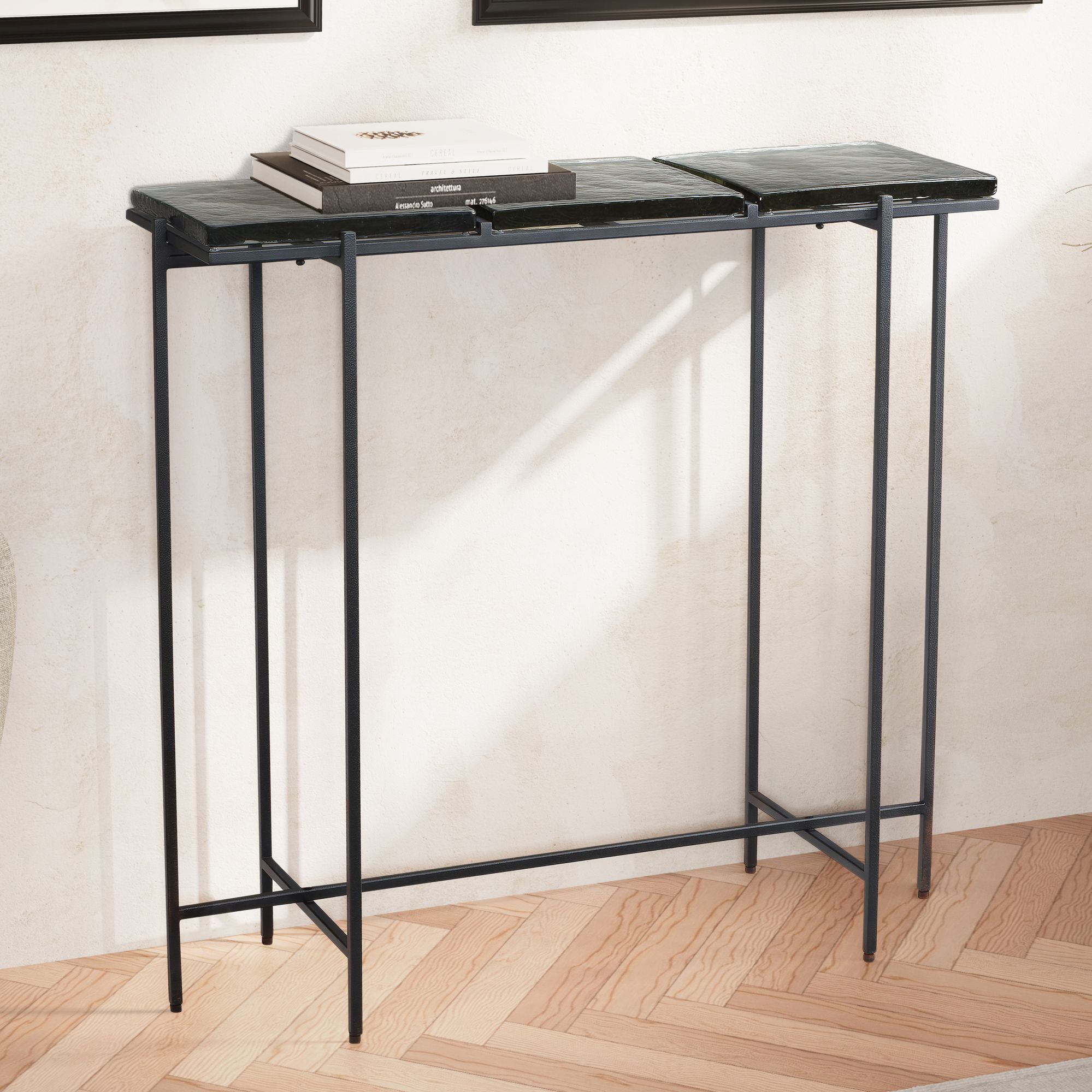 Table console noir 90x29x85 cm buffet design couloir en verre, table de rangement avec cadre en métal étroit moderne, table de couloir avec plateaux amovibles, table d'entrée longue et haute