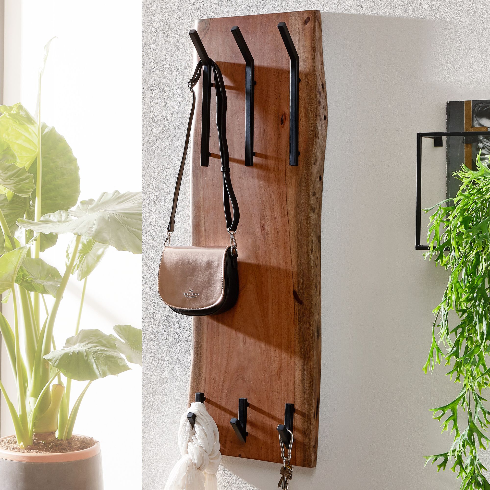 Design porte-manteau mural en bois massif d'acacia / métal 35,5 x 100 x 11 cm, porte-manteau mural à 2 rangées de porte-manteau de couloir, porte-manteau en bois