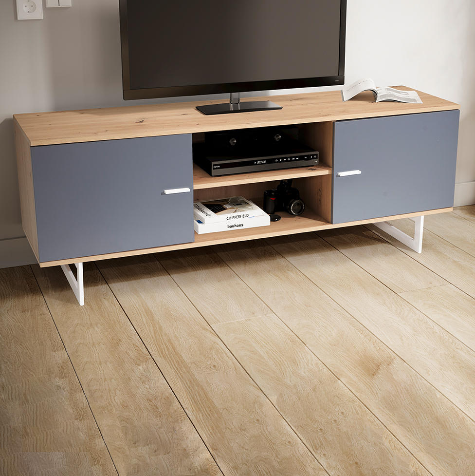 Meuble tv lowboard chêne décor gris 150x55x40 cm meuble tv moderne, meuble tv design haut, table tv meuble tv avec deux portes, meuble tv salon