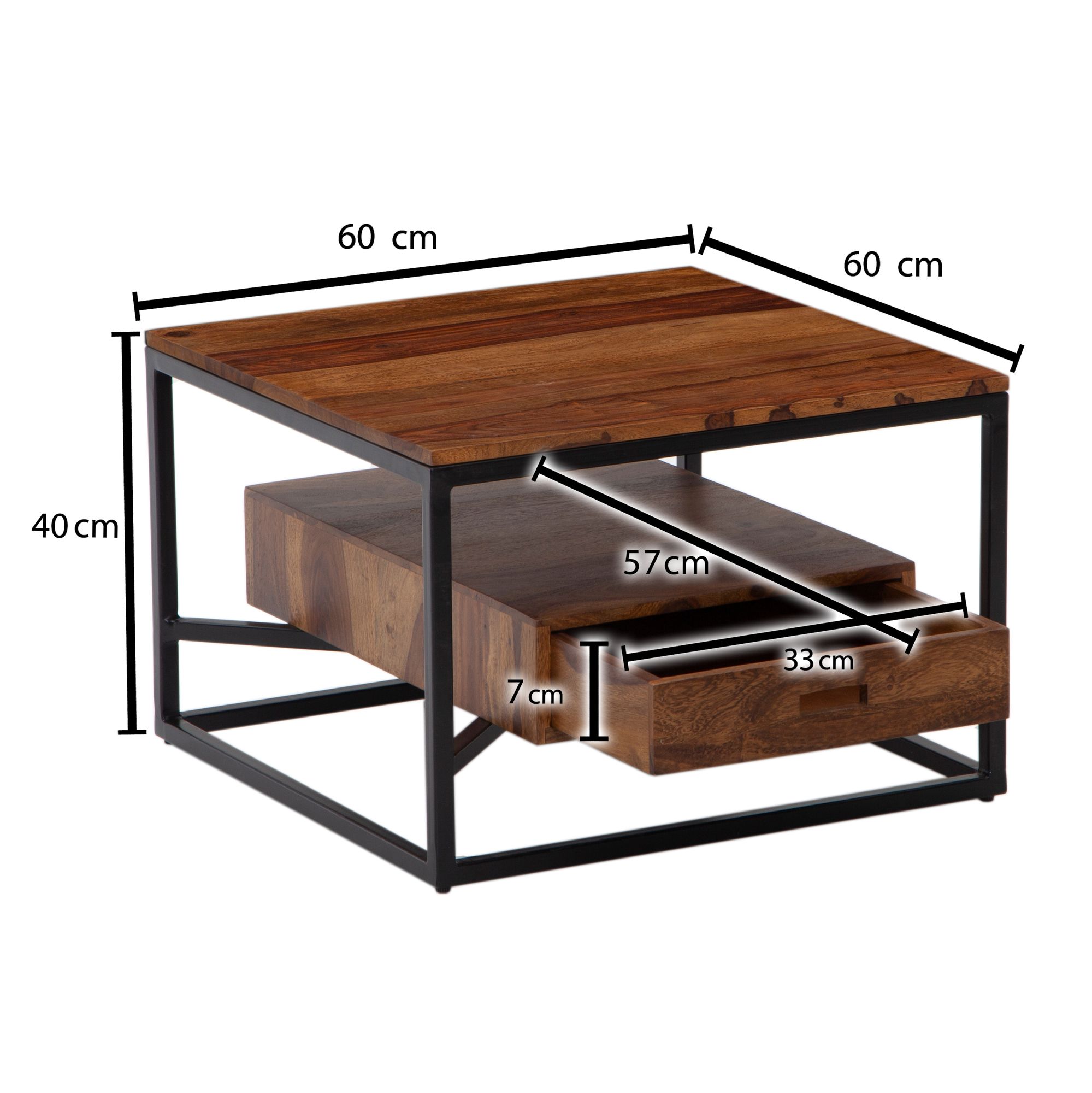 Koffietafel massif sheesham-hout en metaal 60x60x40 cm salontafel