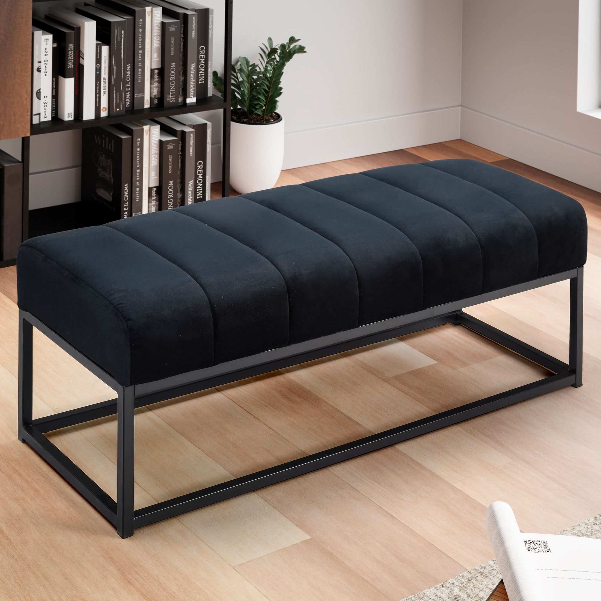 Banc rembourré noir 108x40x40 cm style moderne avec structure en métal