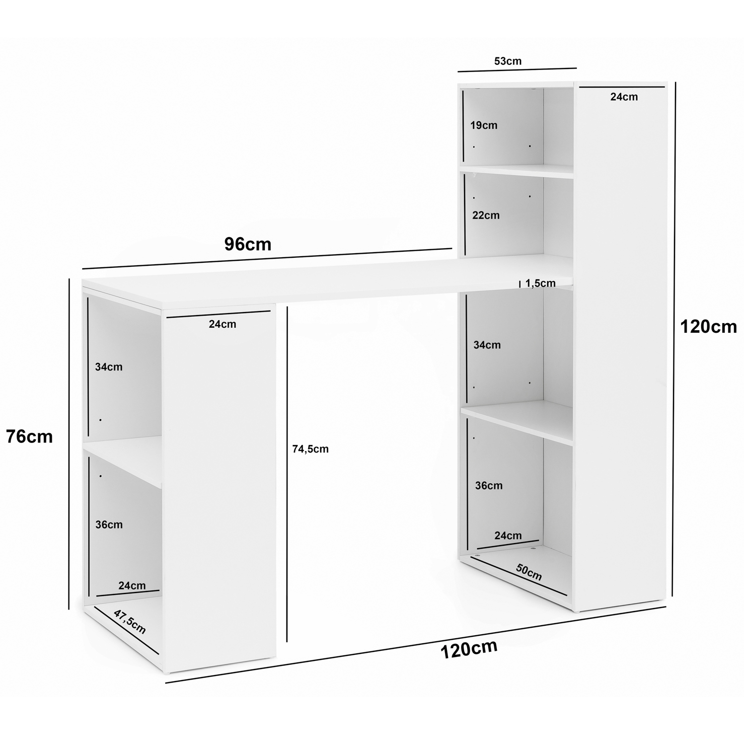 Bureau wl5.692 met legbord 120 x 120 x 53 cm wit mat hout modern