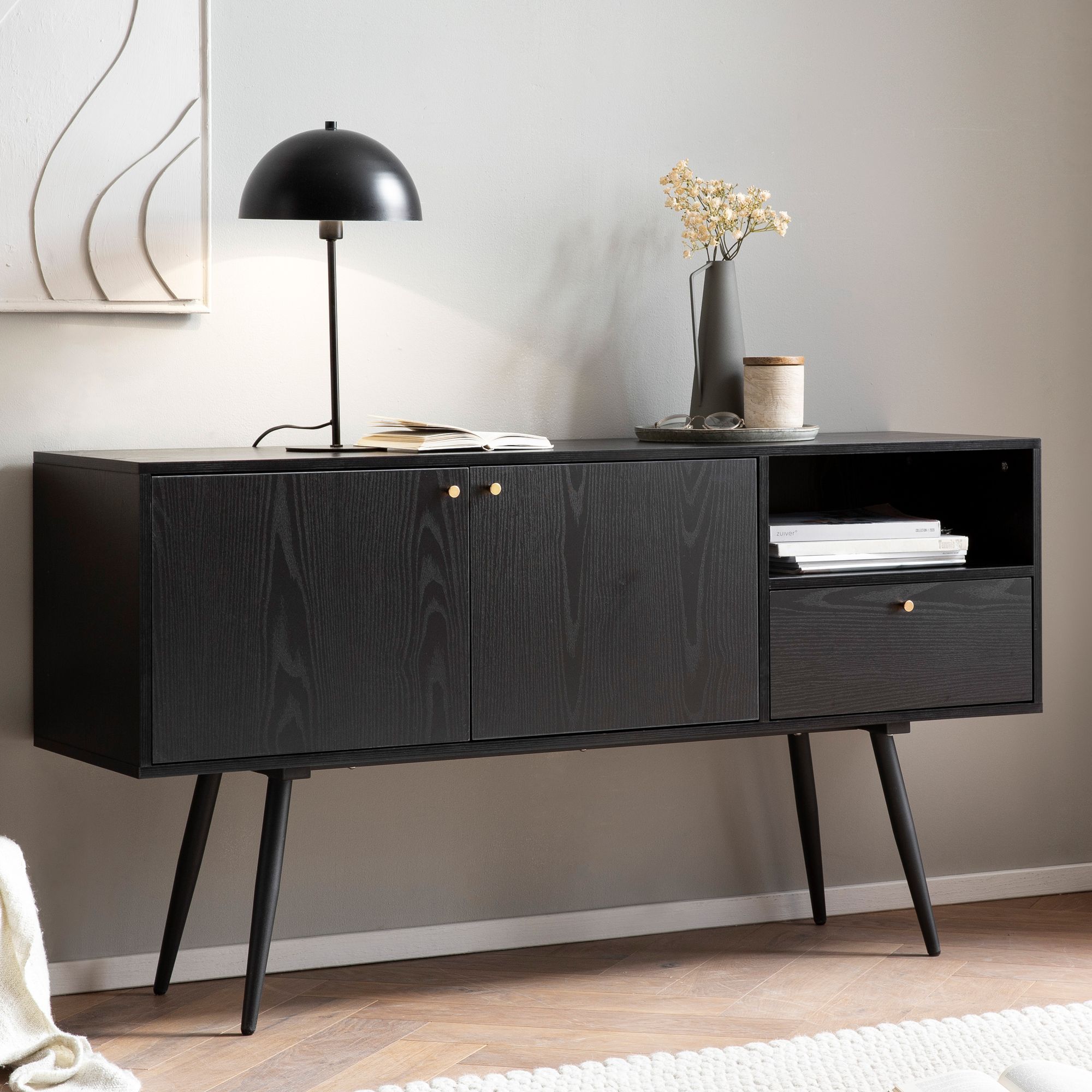 Buffet 140x75x40 cm commode noir avec décor chêne intemporel, commode haute, armoire sur pied salon avec 2 portes et tiroir, buffet avec compartiment ouvert