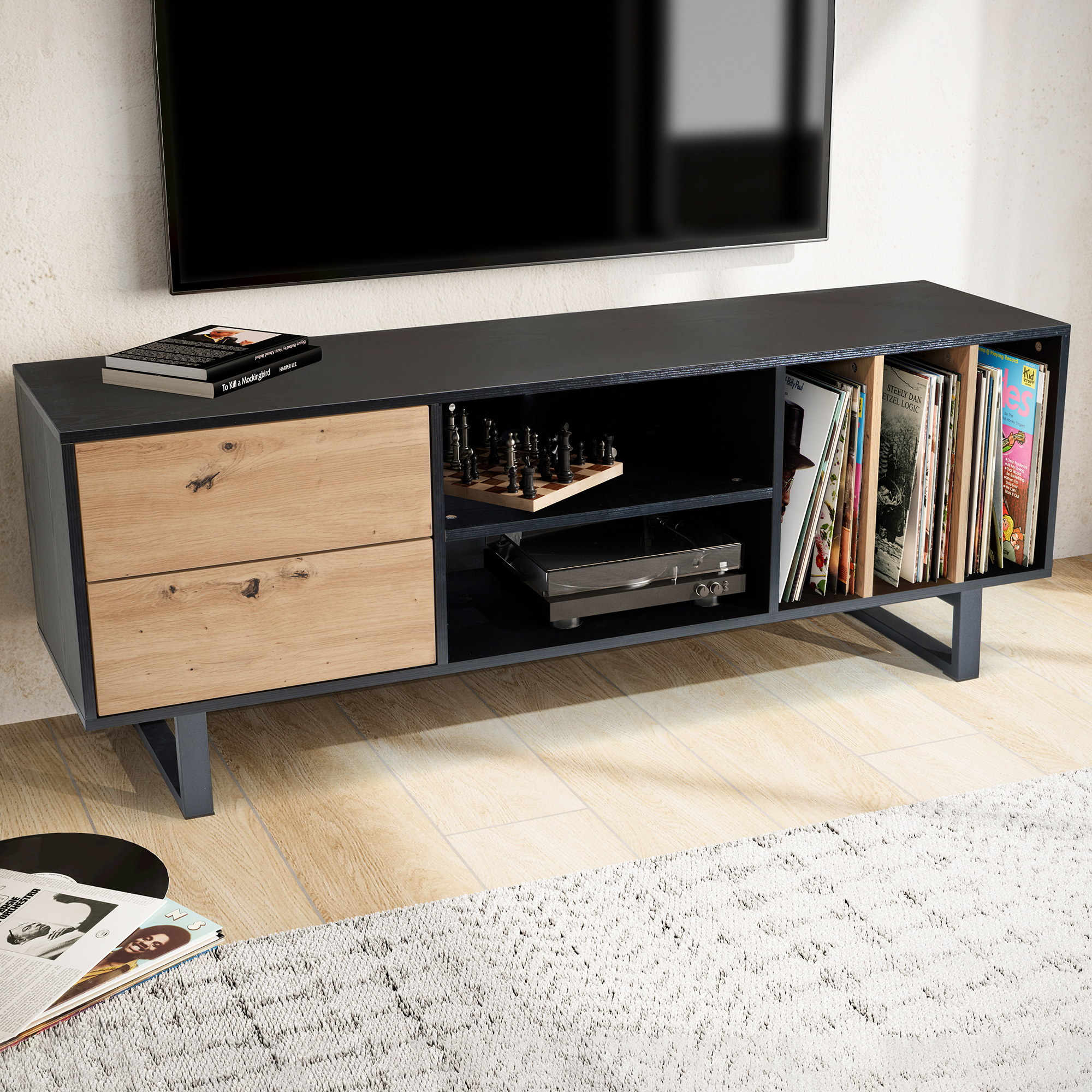 Meuble tv noir avec décor chêne 150x55x40 cm meuble tv moderne, meuble tv design haut, table tv meuble tv avec tiroirs et étagère, meuble tv salon