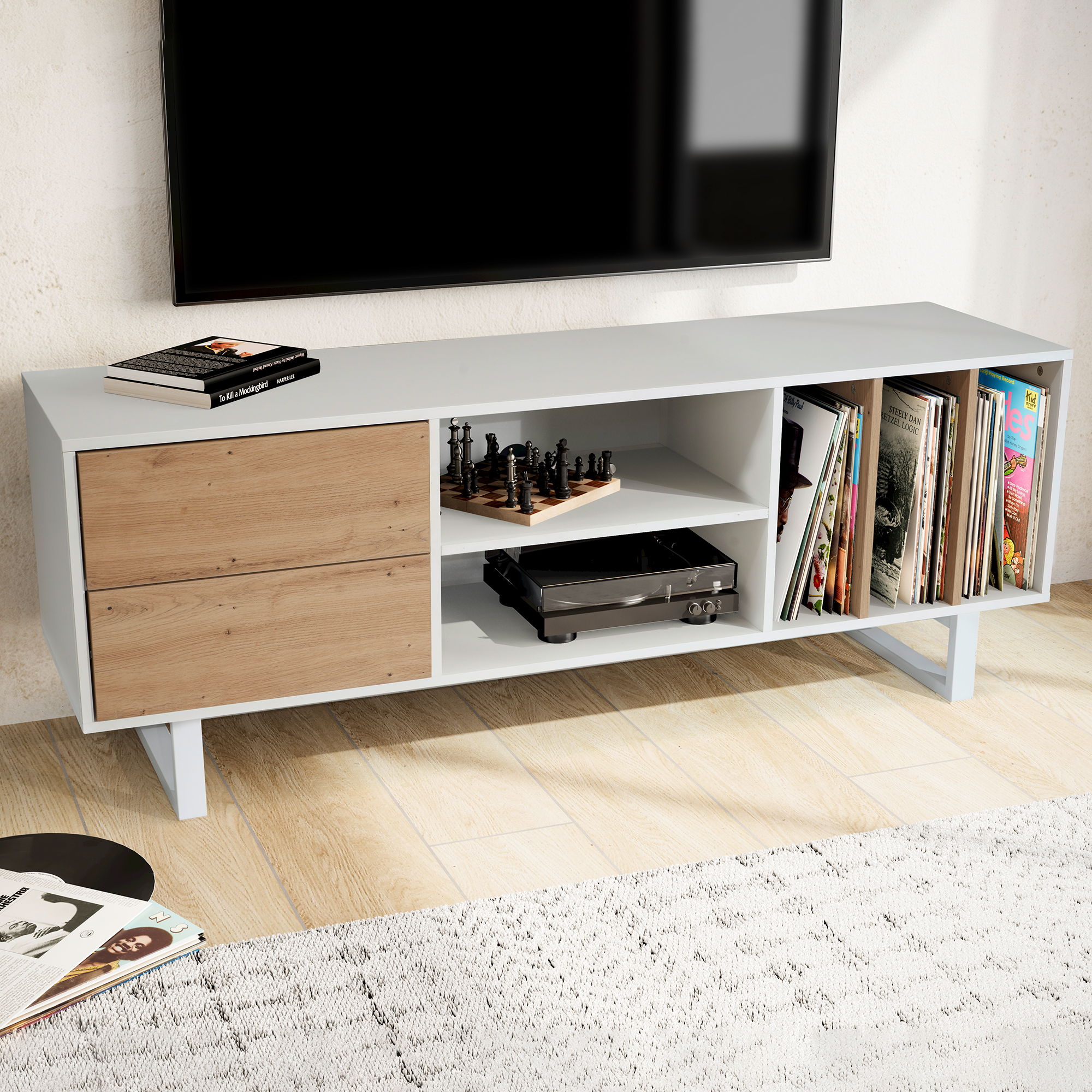 Meuble tv blanc avec décor chêne 150x55x40 cm meuble tv moderne, meuble tv design haut, table tv meuble tv avec tiroirs et étagère, meuble tv salon