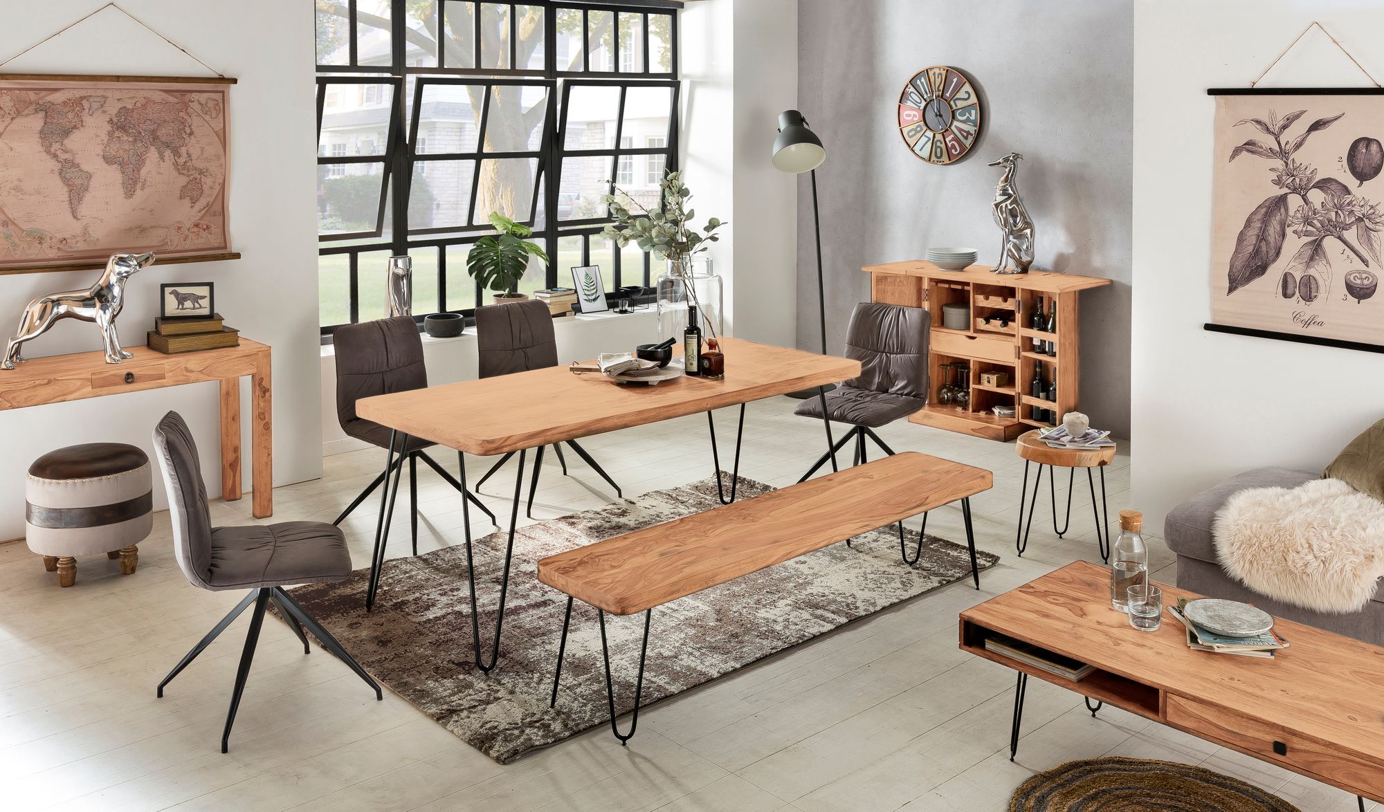 Massief houten eettafel acacia 180 cm eettafel houten tafel metal poten keukentafel landhaus donkerbruin