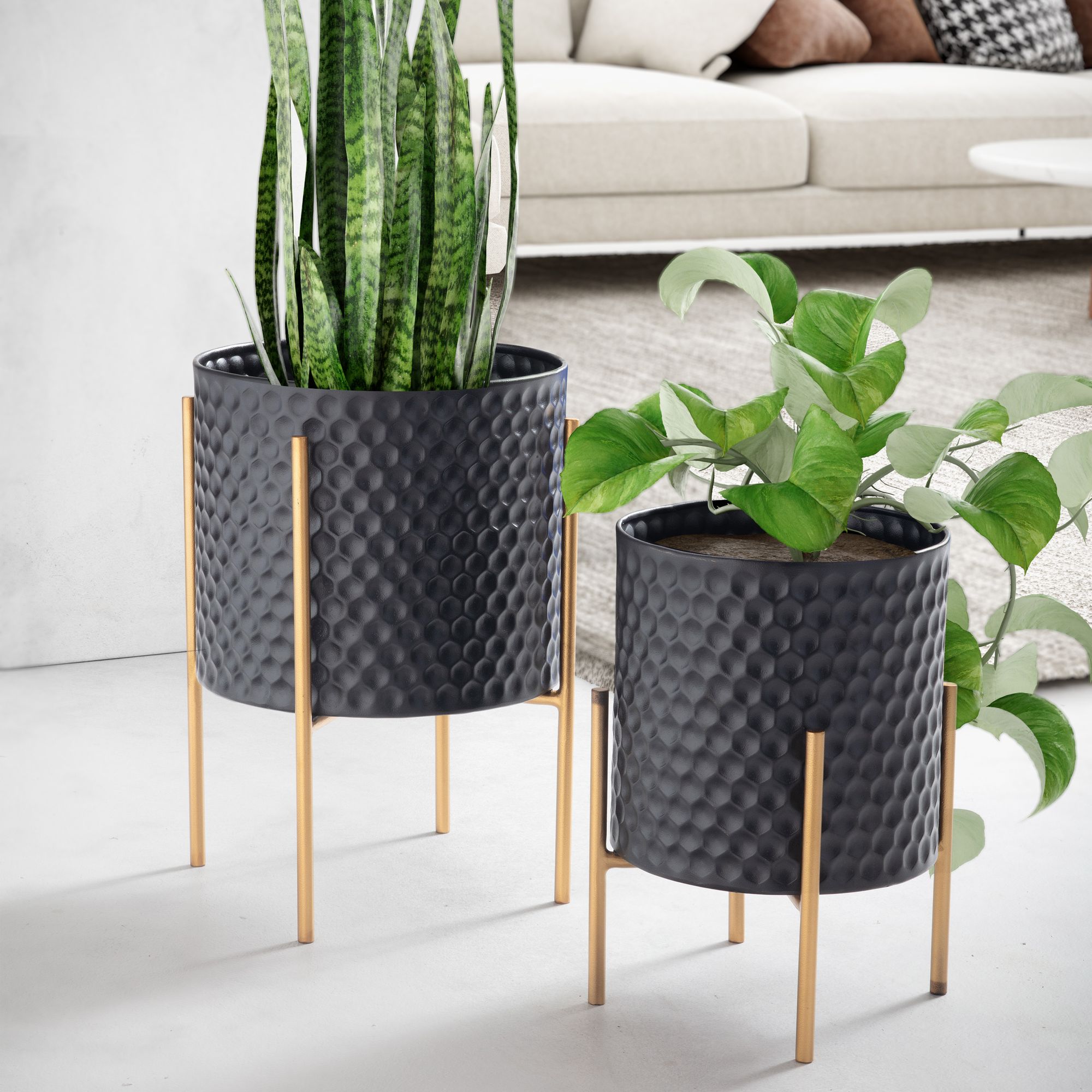 Lot de 2 pots de fleurs en métal noir/doré avec pieds