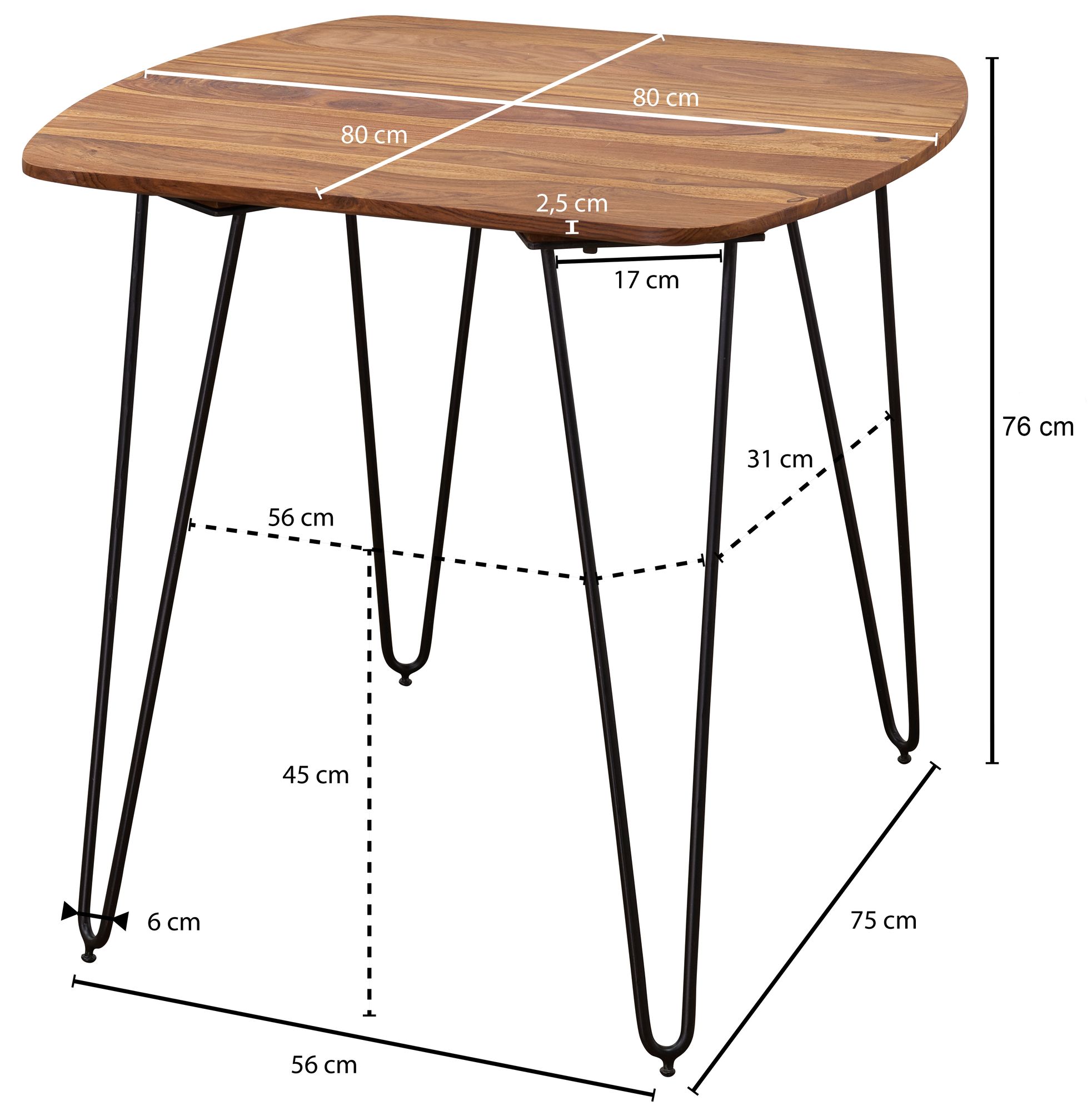 Table de salle à manger KELA 80x80x76 cm en bois de Sesham massif