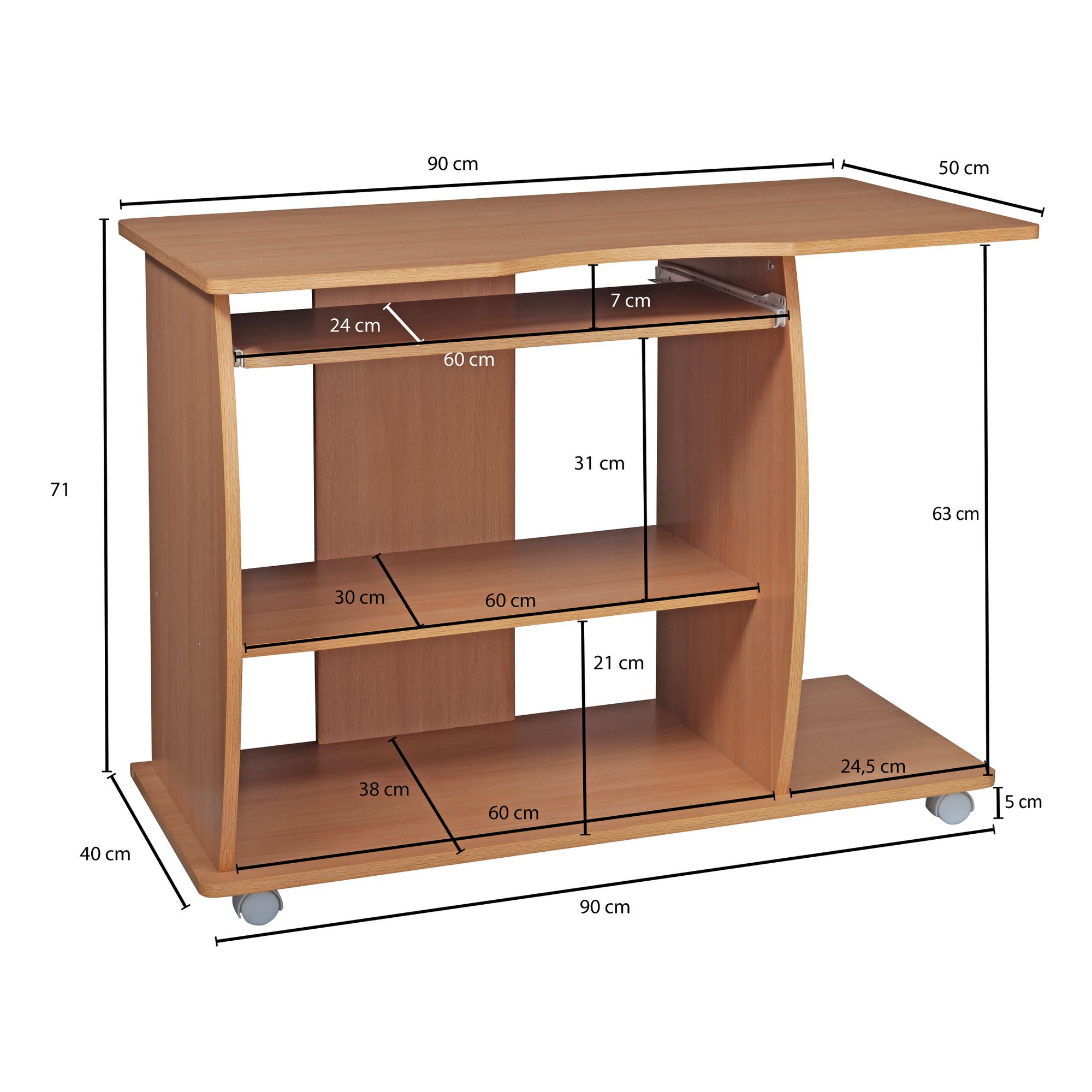 Computertafel diana oprolbaar beech 90 x 71 x 50 cm met toetsenbordplateau