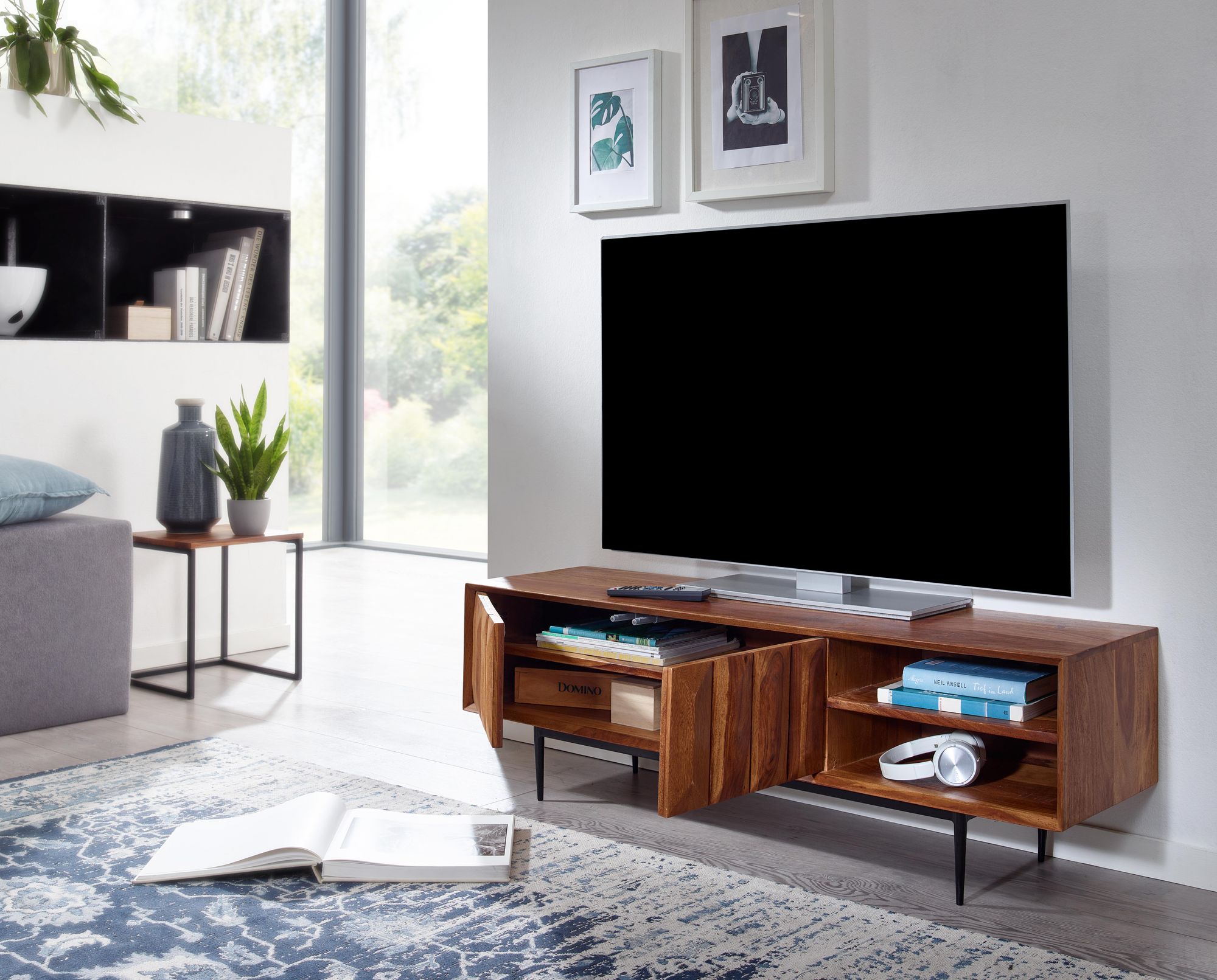 Hifi lowboard massief sheesham-hout tv-dressoir 123x42x35 cm met twee deuren