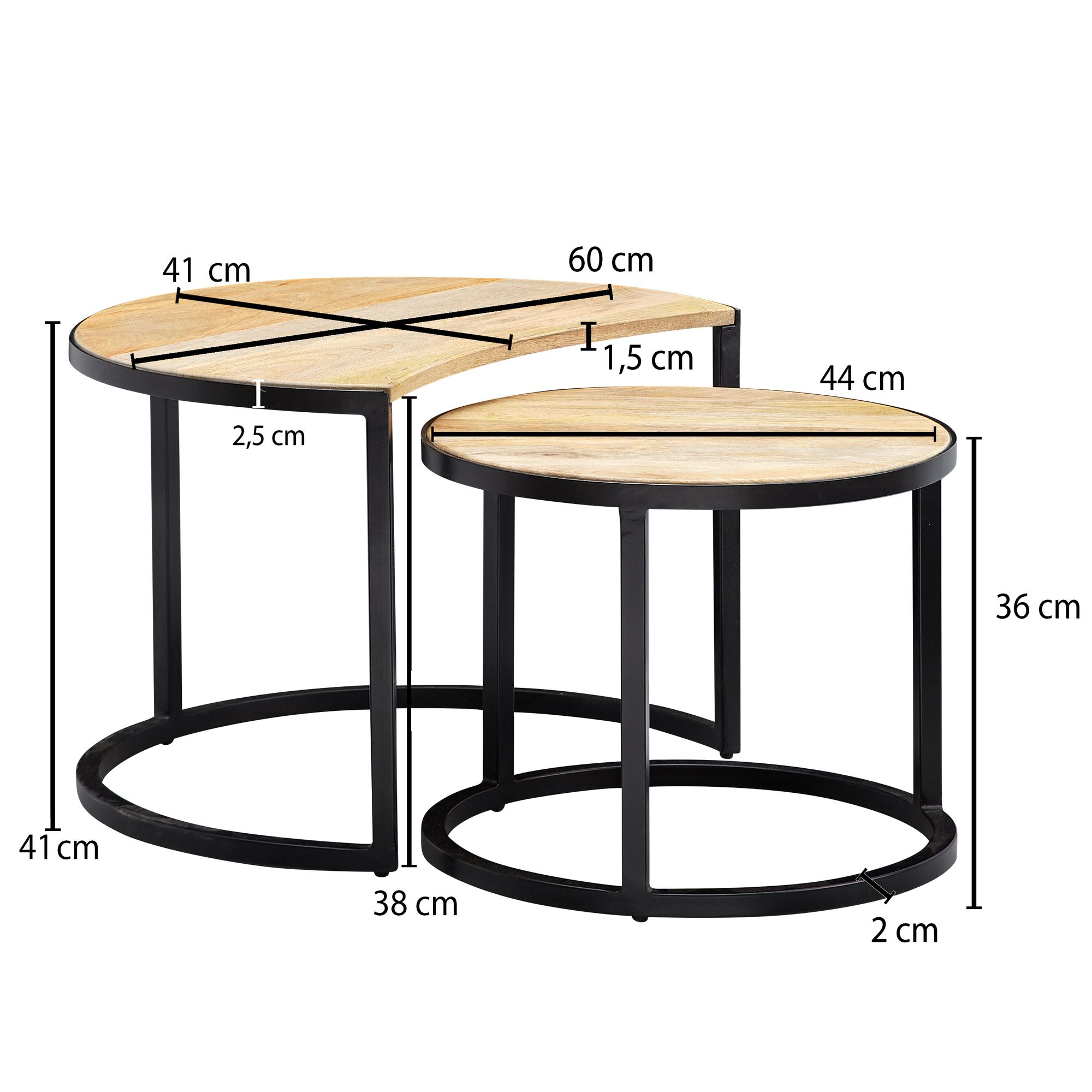 Salontafel set van 2 mango massief houten / metalen salontafel rond