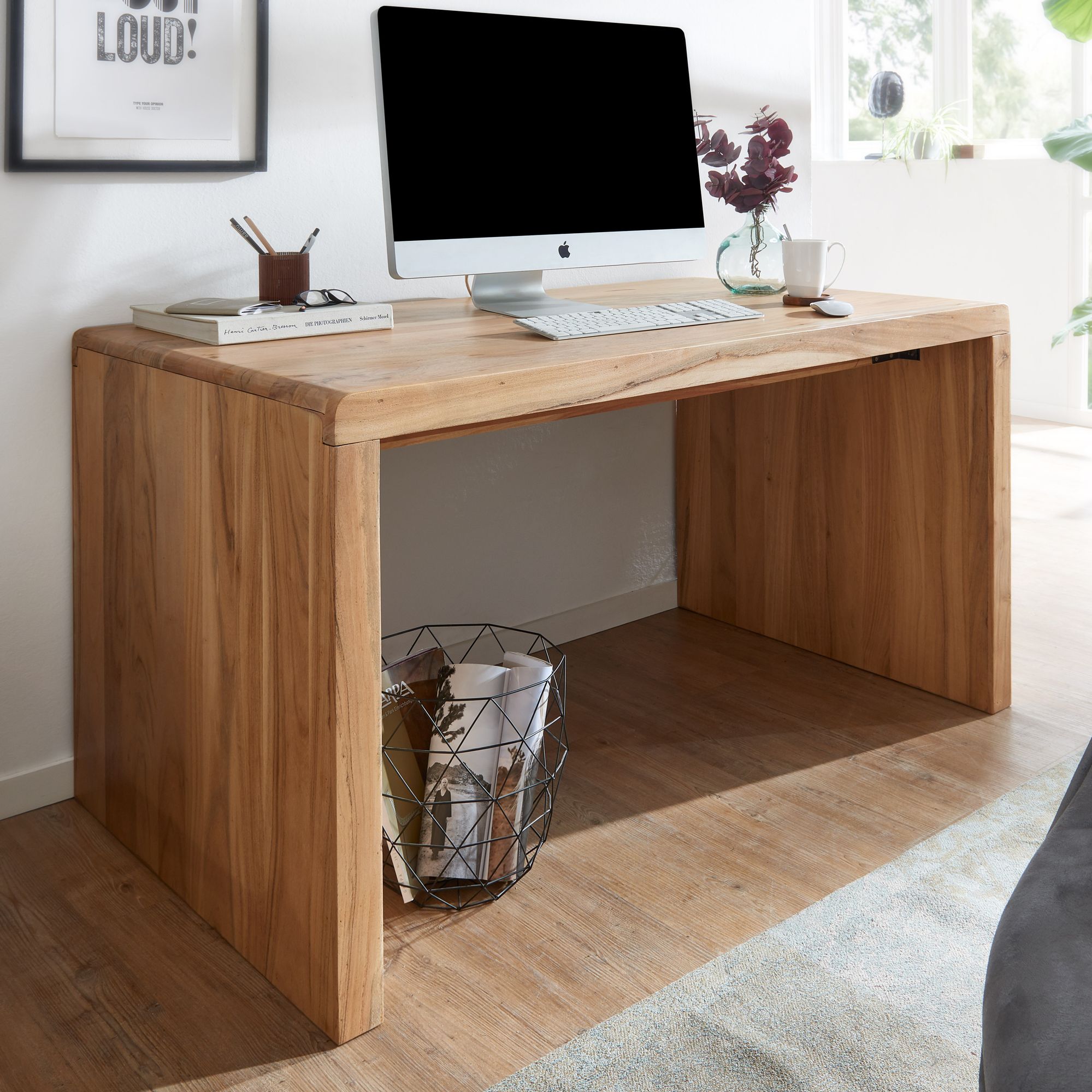 Boha table d'ordinateur en acacia en bois massif, 140 cm de large, design en bois, bureau de classement, style campagnard