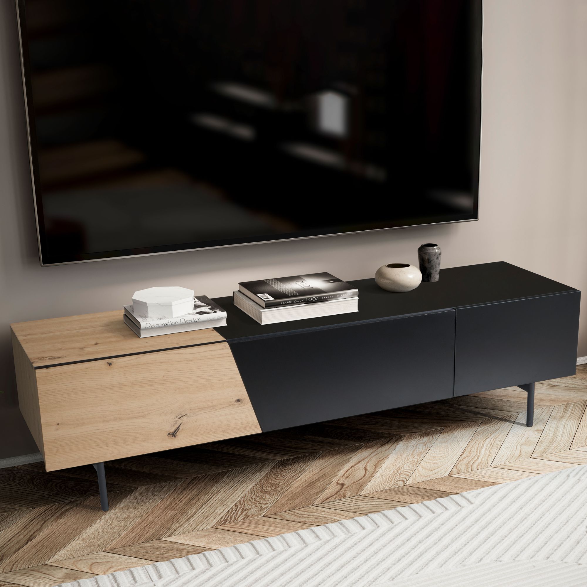 Meuble tv noir avec décor chêne 150x40x40 cm meuble tv moderne, meuble tv design bas, table tv meuble tv avec portes et tiroir, meuble tv salon