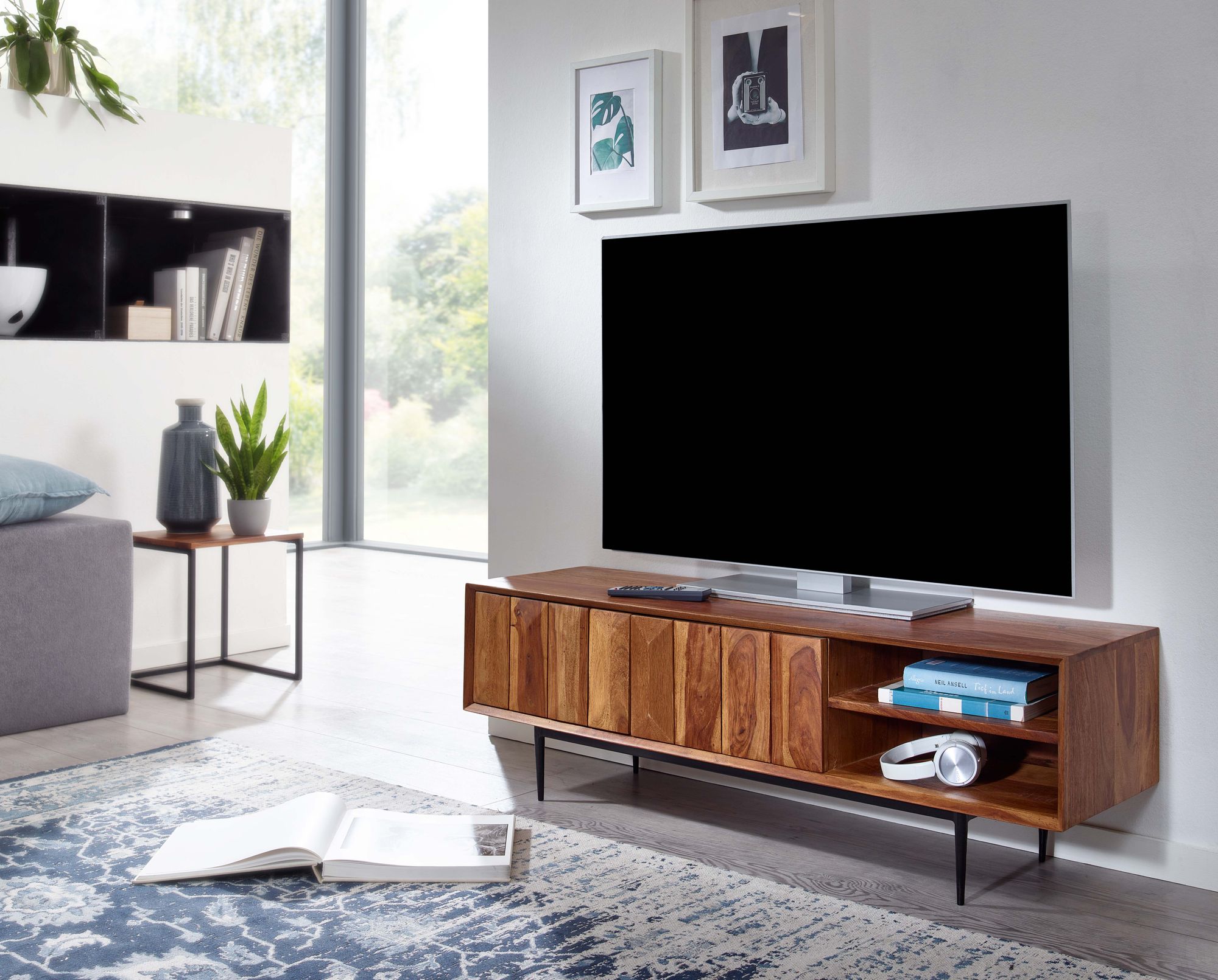 Hifi lowboard massief sheesham-hout tv-dressoir 123x42x35 cm met twee deuren