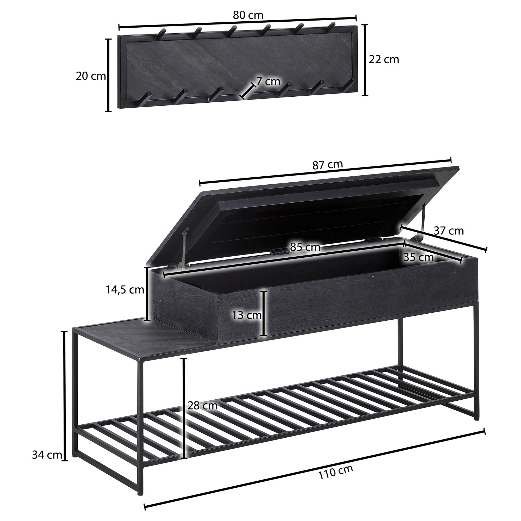 Banc avec armoire murale Banc à chaussures en bois massif de manguier noir 110 cm, ensemble d'armoire design de couloir industriel