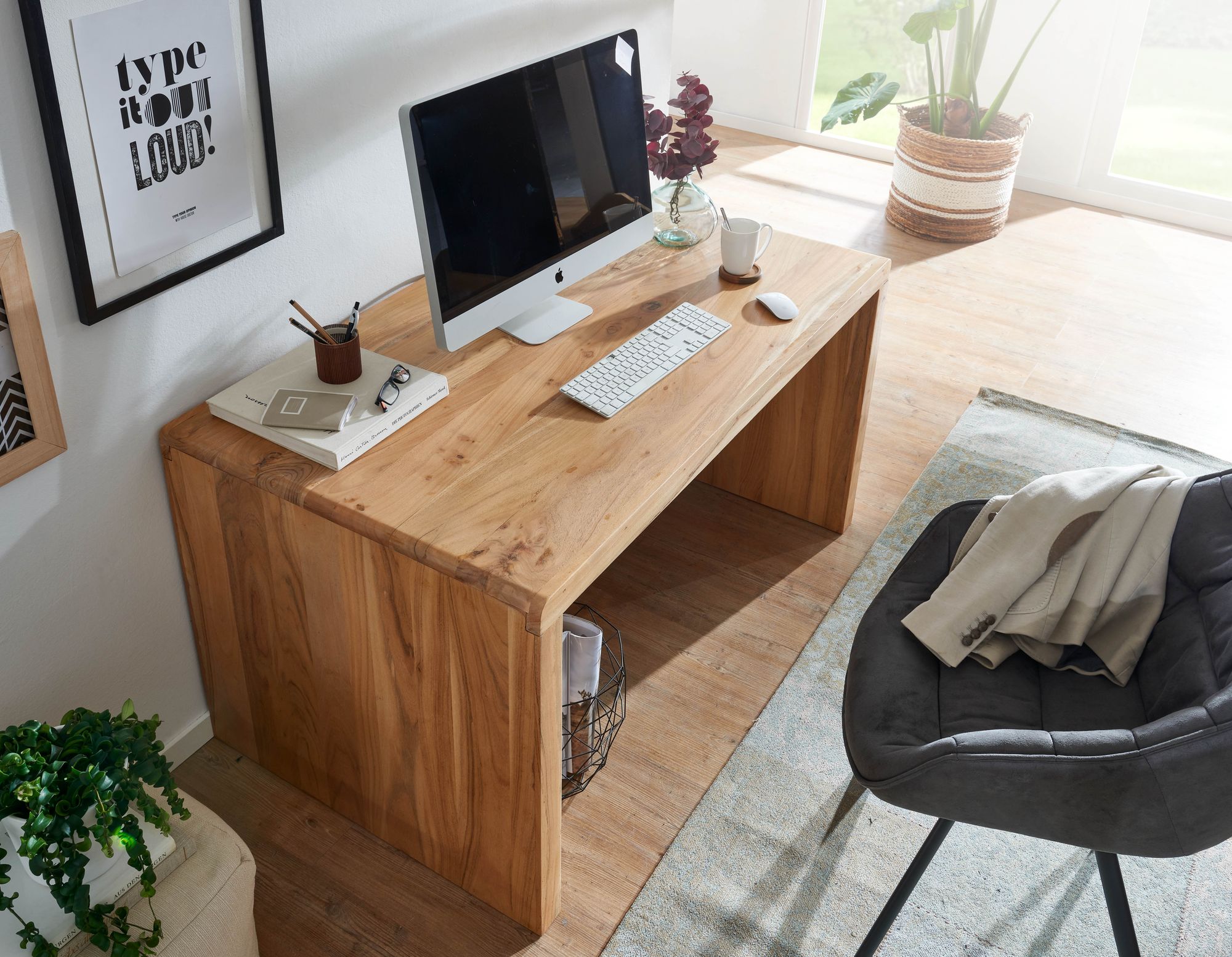 Boha table d'ordinateur en acacia en bois massif, 140 cm de large, design en bois, bureau de classement, style campagnard