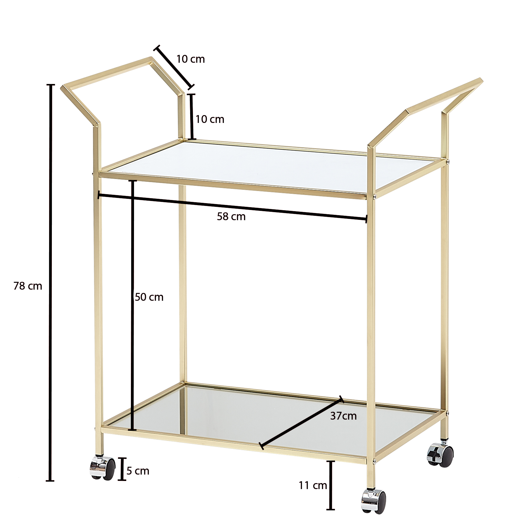 Design serveerwagen goud 73x78x37 cm keukenwagen glas/metaal