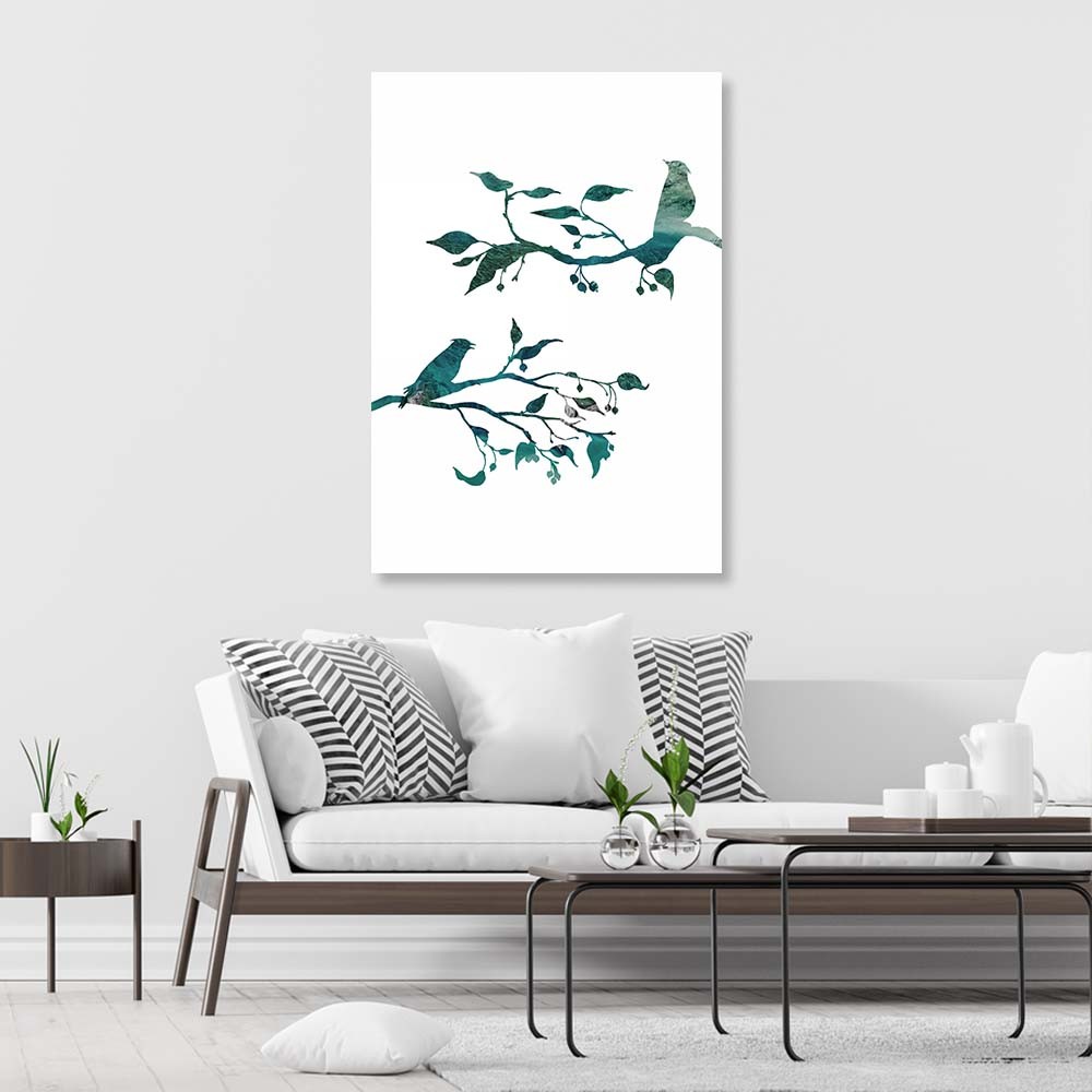 Decoratief frame in mdf geprint op canvas vogels op takken