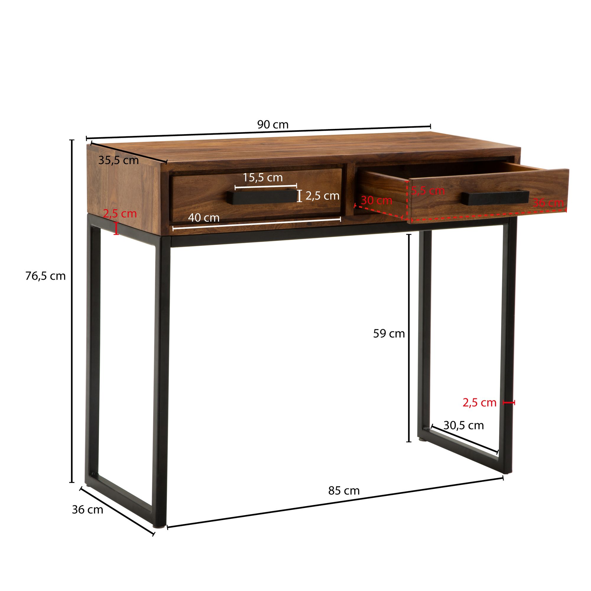 Table console Sheesham bois massif / métal 90x76x36 cm, étroite, moderne