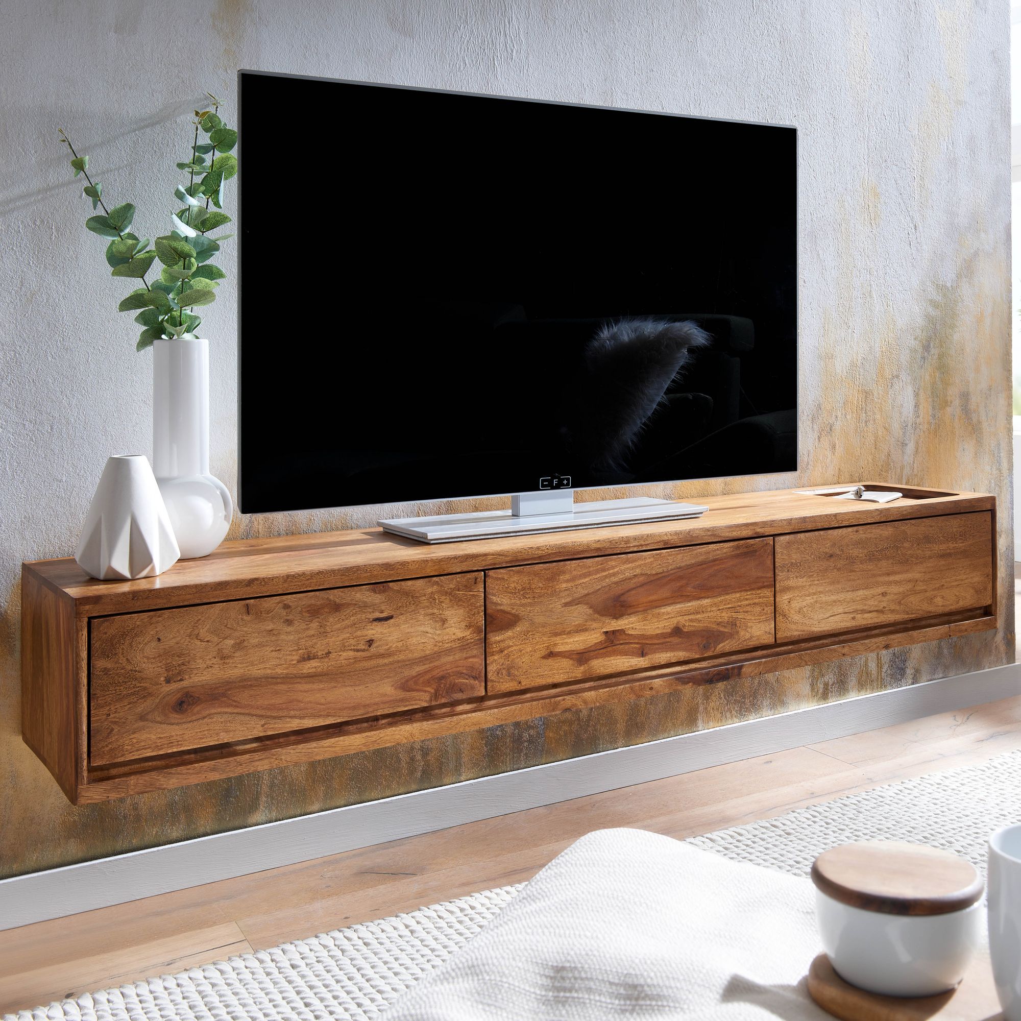 Lowboard suspendu en bois massif de sesham 160x25x35 cm meuble tv marron