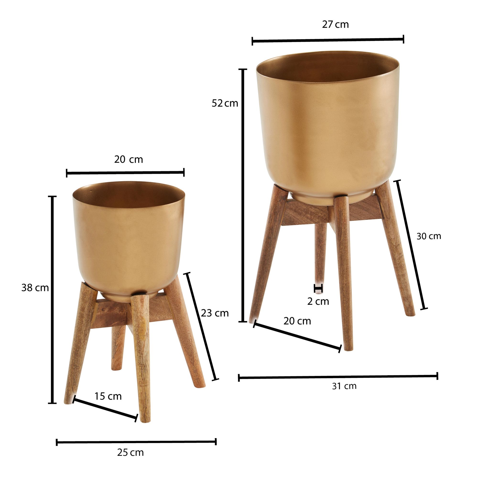 Pot de fleurs Lot de 2 pots de fleurs en métal/bois massif doré avec pieds, pot de fleurs design rond, pot de fleurs