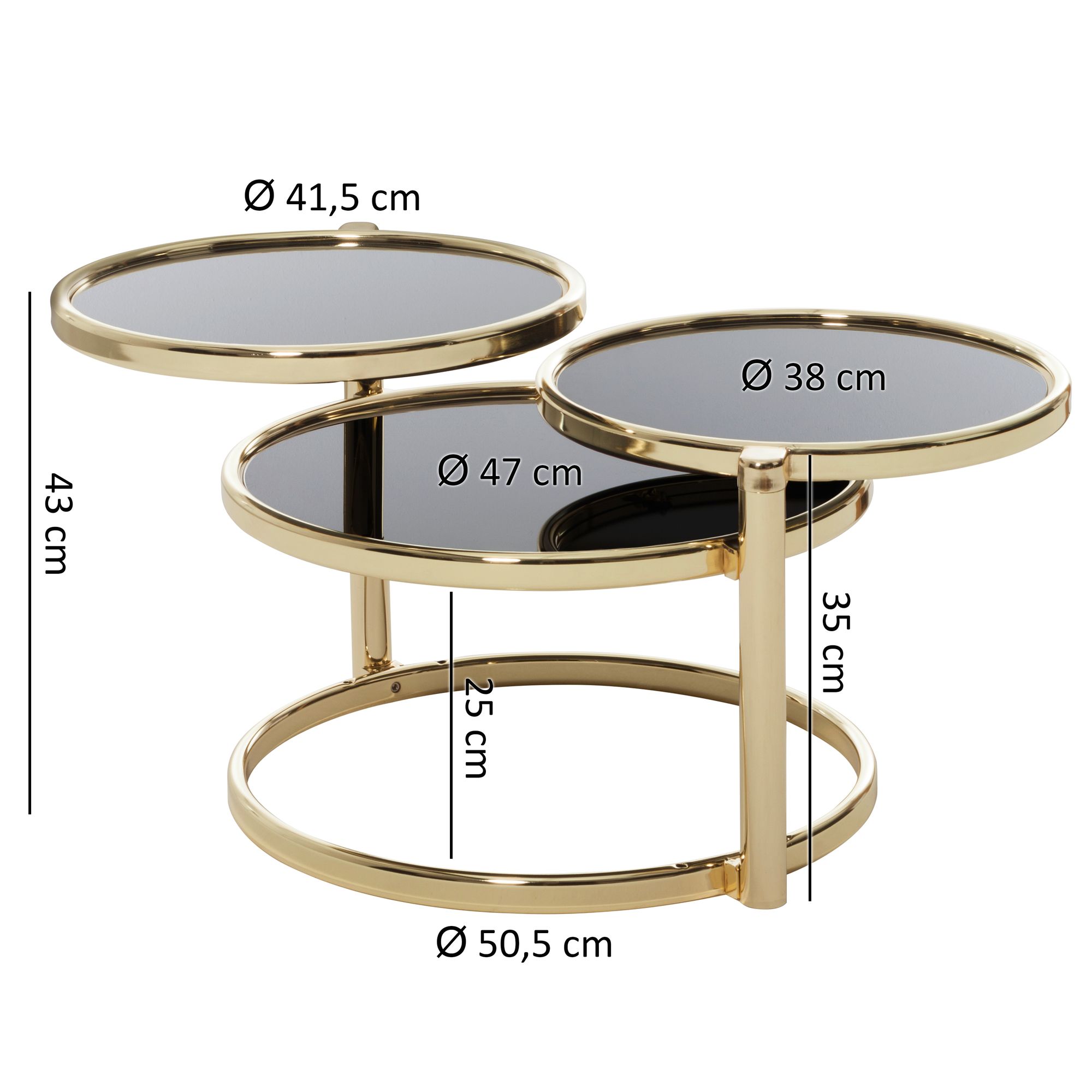 Salontafel susi met 3 tafelbladen zwart / goud 58 x 43 x 58 cm