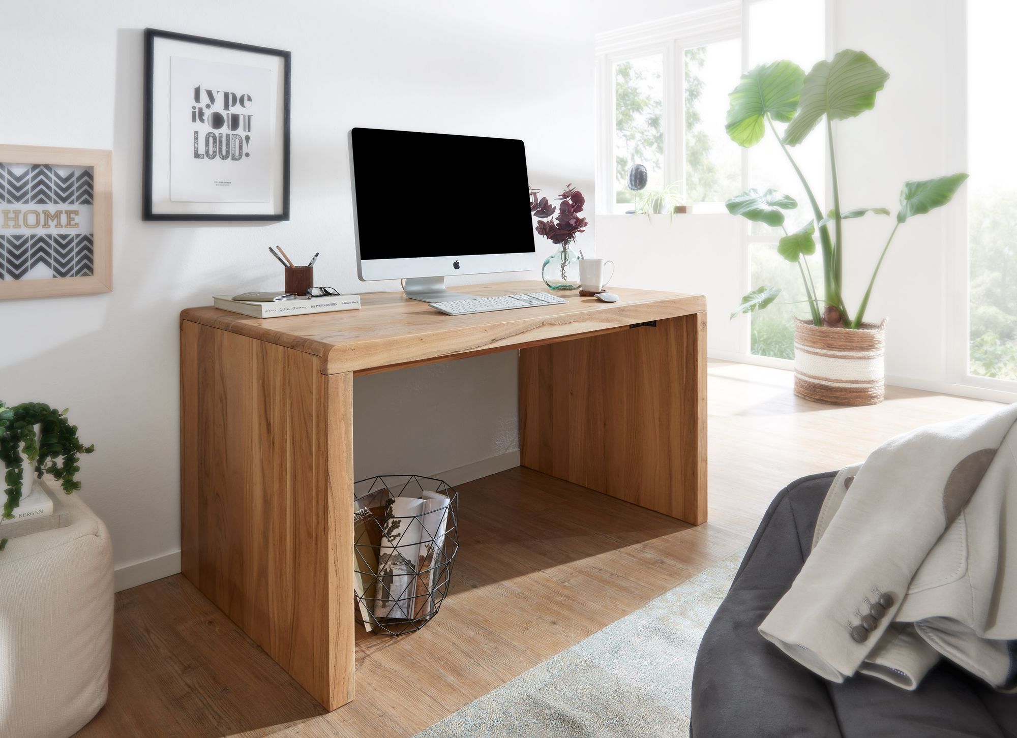 Boha table d'ordinateur en acacia en bois massif, 140 cm de large, design en bois, bureau de classement, style campagnard