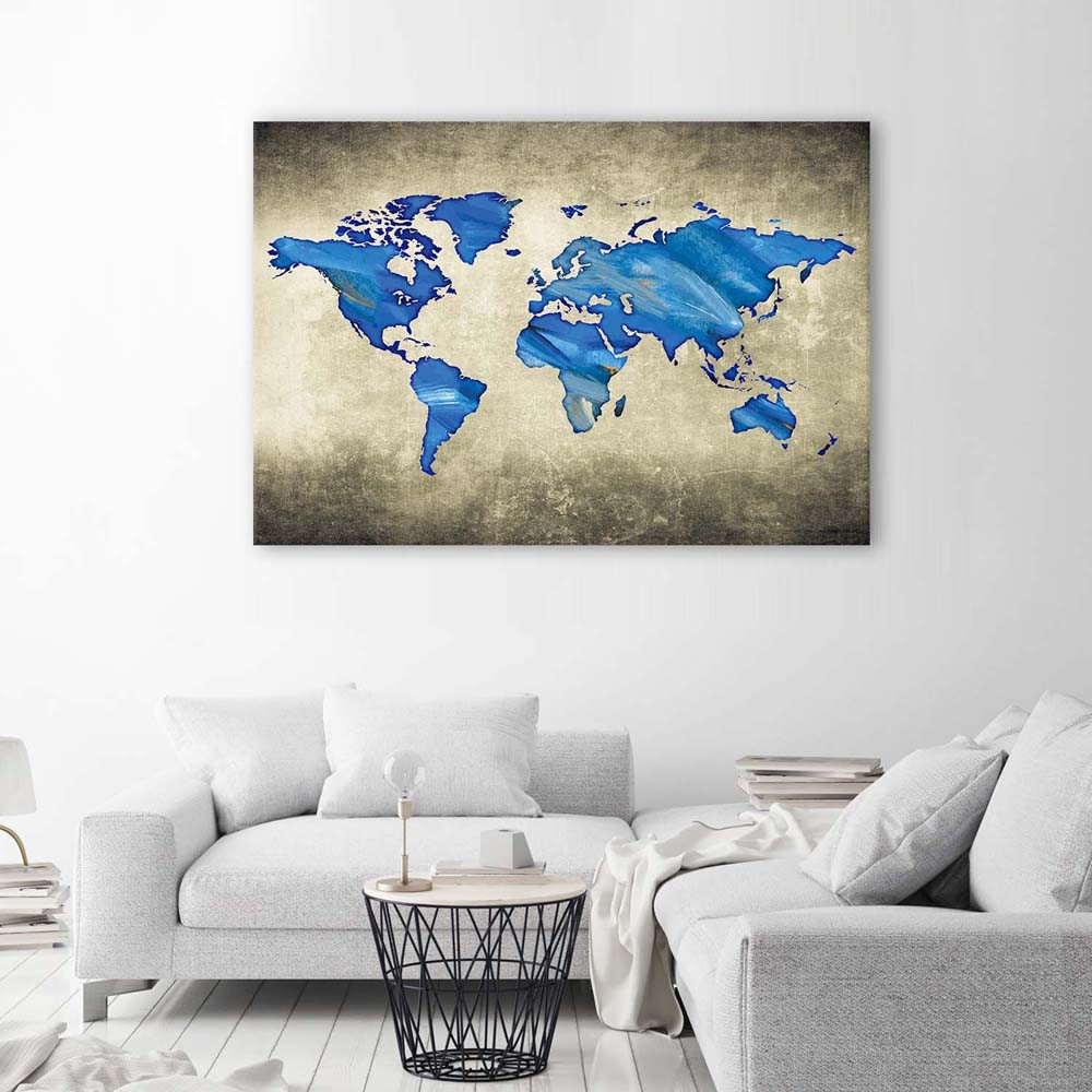 Decoratief mdf-frame met afbeelding van een wereldkaart gedrukt op canvas met blauwe afwerking