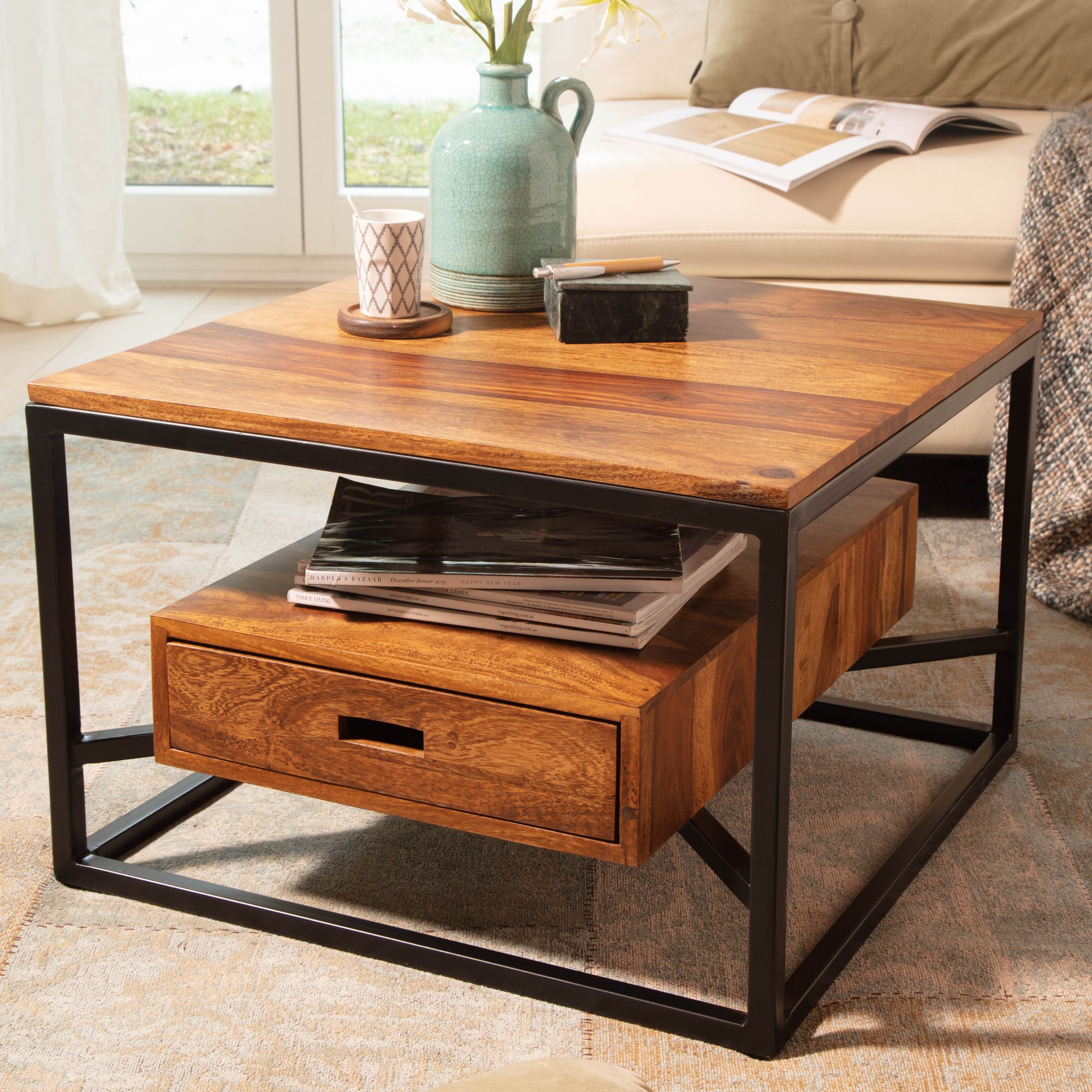 Koffietafel massif sheesham-hout en metaal 60x60x40 cm salontafel