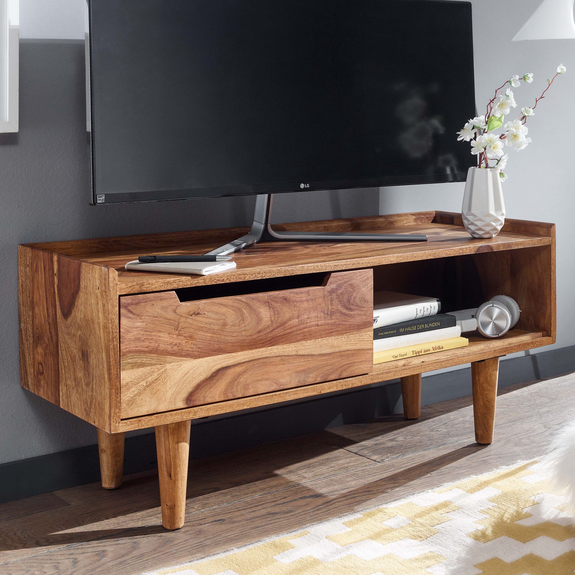 Hifi lowboard massief sheesham-hout tv-dressoir 95x44x34 cm met schuifdeur