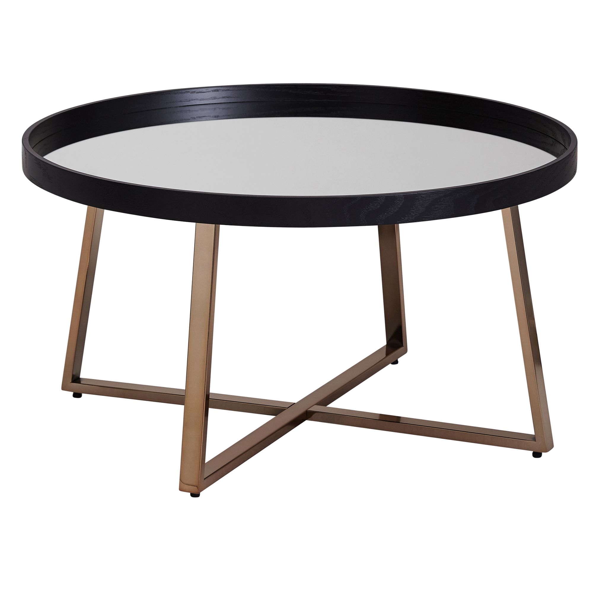 Table basse Design ronde Ø 78 cm or foncé avec plateau en verre miroir, structure en métal