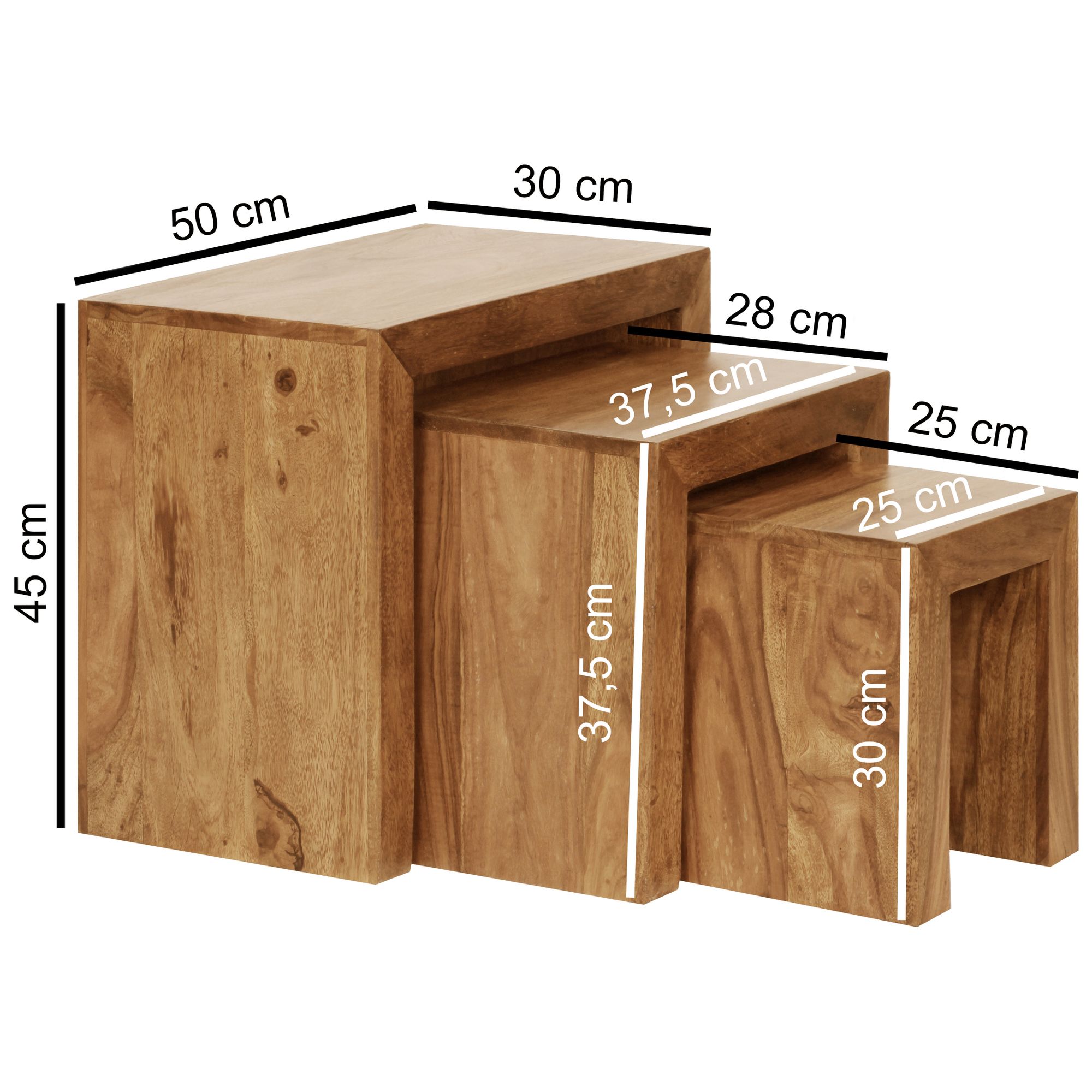 Set de 3 tables gigognes MUMBAI en bois massif d'acacia style maison de campagne, bois naturel marron foncé