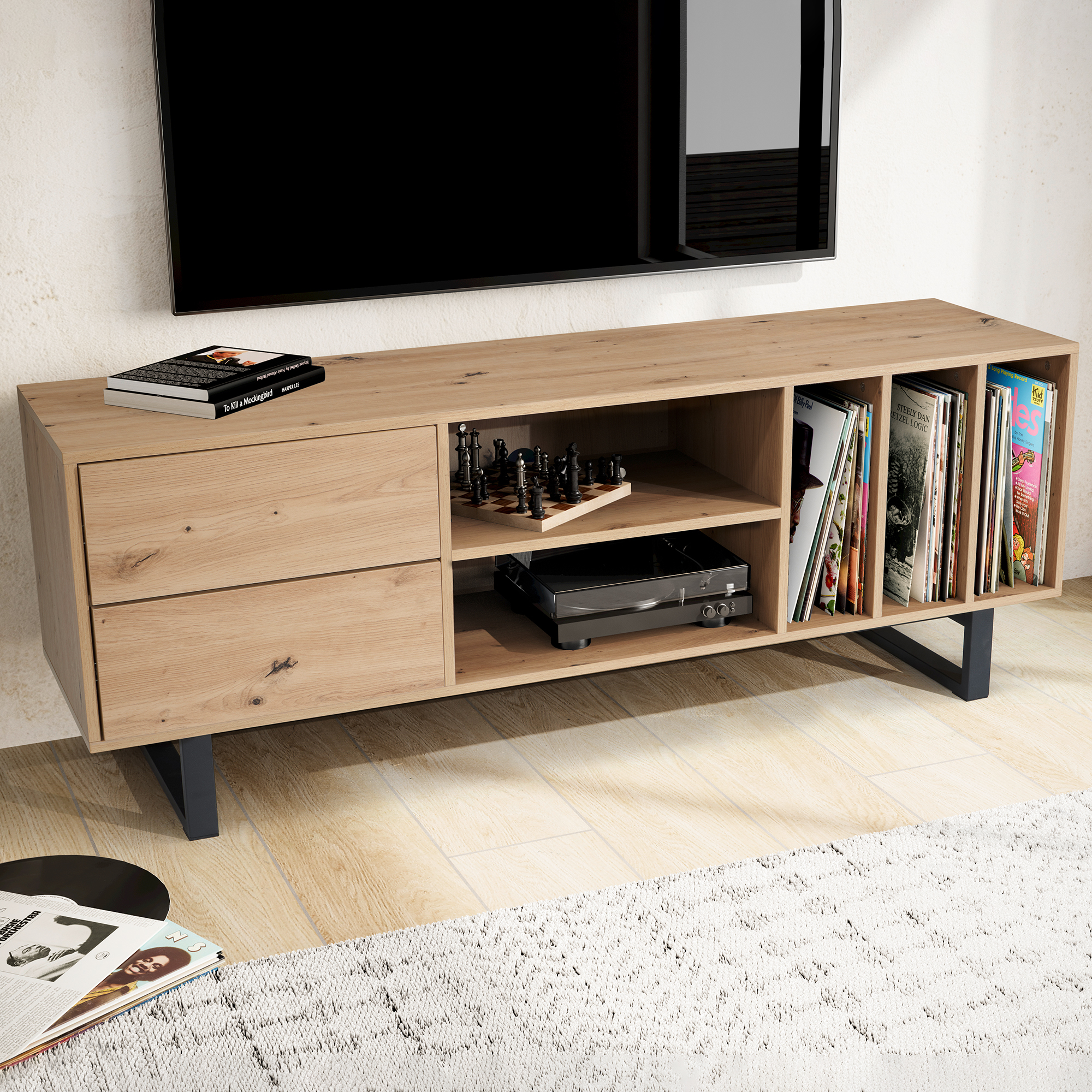 Meuble tv lowboard chêne décor 150x55x40 cm moderne, meuble tv design haut, table tv meuble tv avec tiroirs et étagère, meuble tv salon