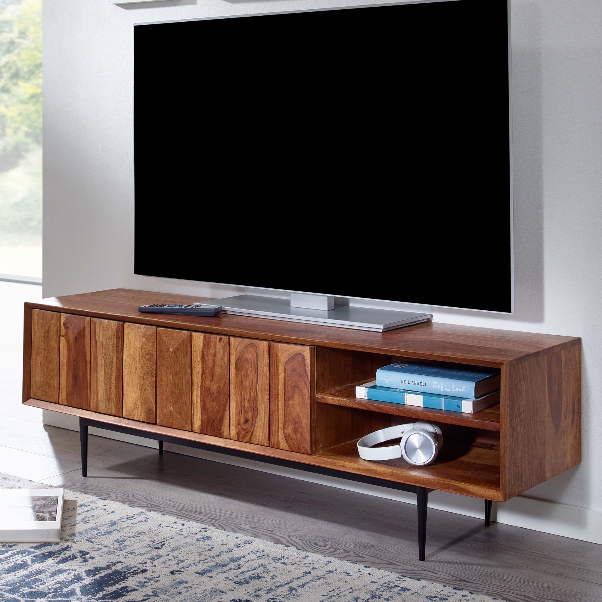 Hifi lowboard massief sheesham-hout tv-dressoir 123x42x35 cm met twee deuren