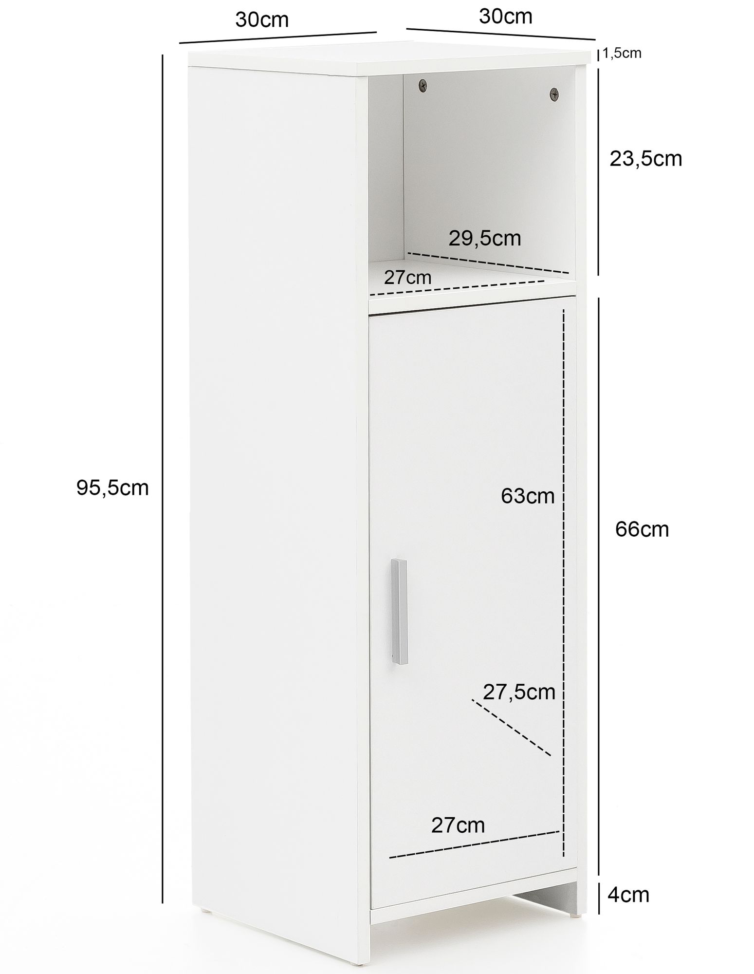 Kast 30 x 95,5 x 30 cm wit hout met deur en opbergvak kleine badkamerkast zijkast staand