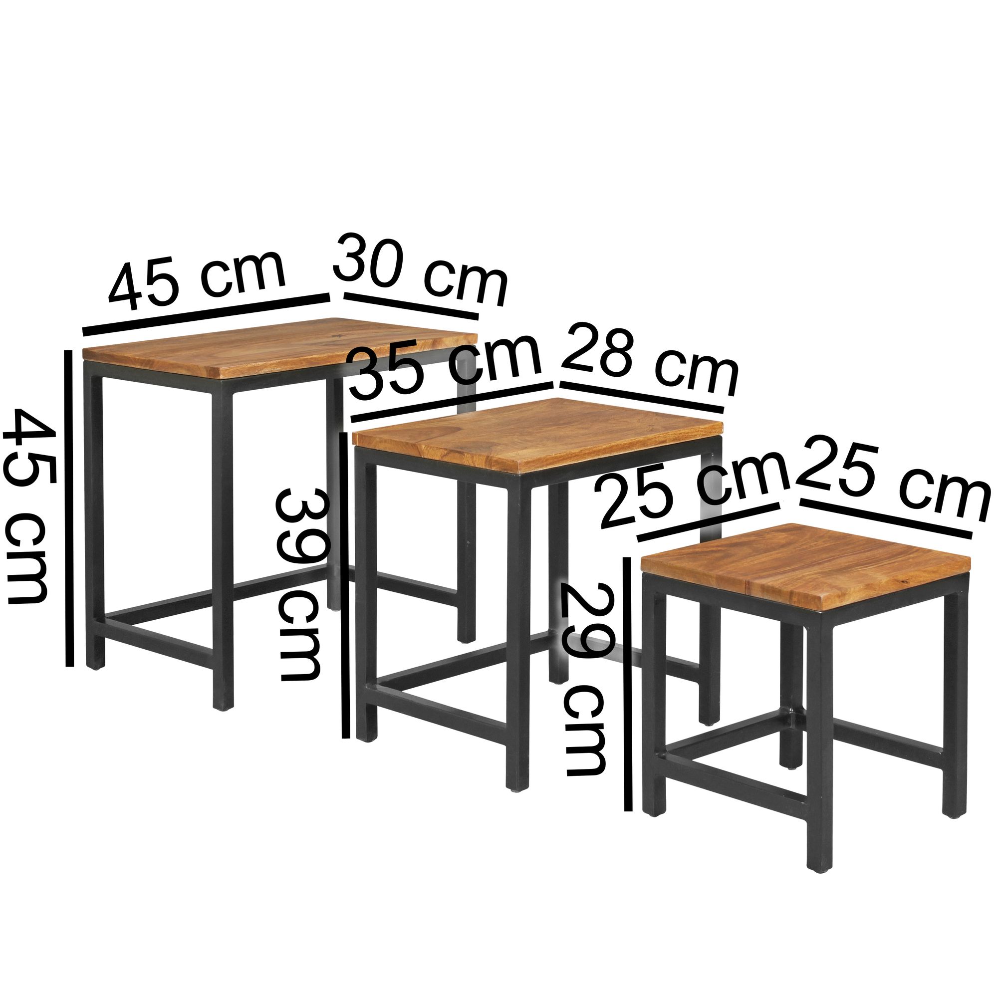 Set de 3 tables d'appoint design AKOLA Sheesham, pieds en métal, mélange de matériaux en 3 pièces, en bois massif