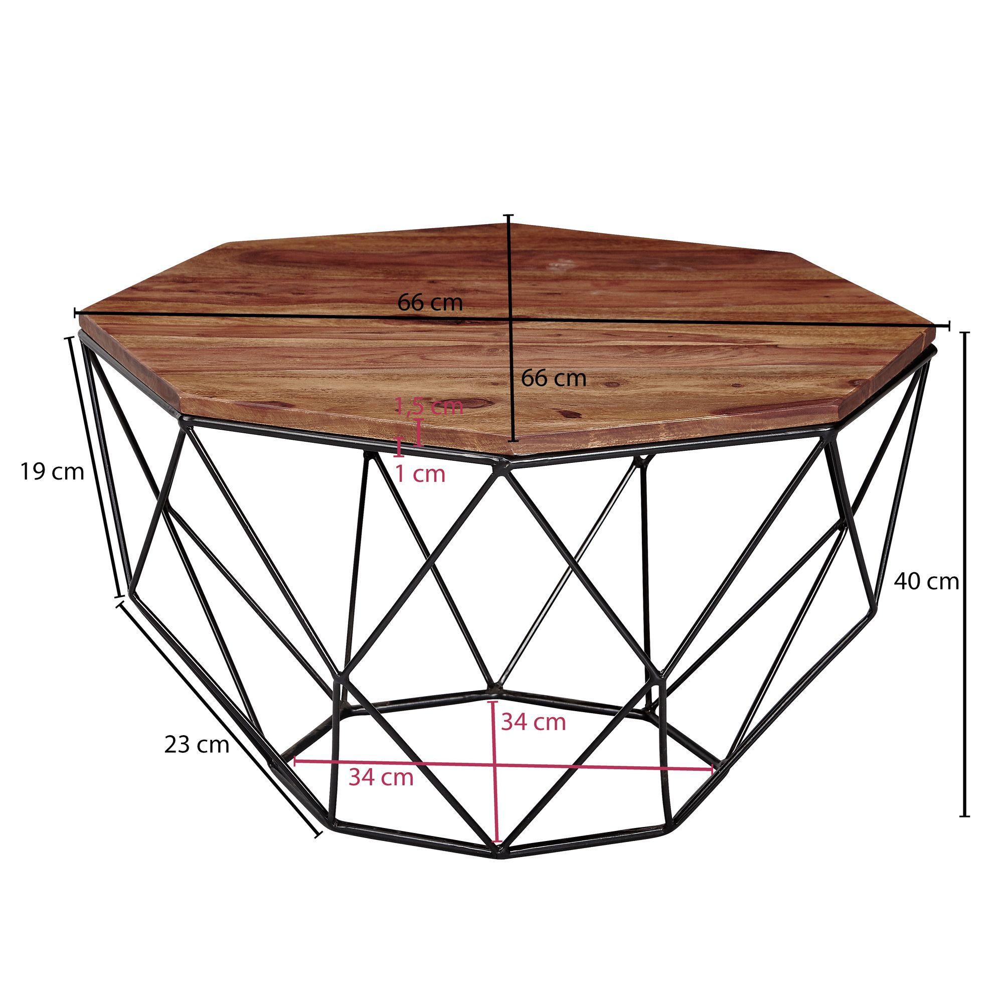 Table basse Sheesham bois massif / métal 66 x 40 x 66 cm