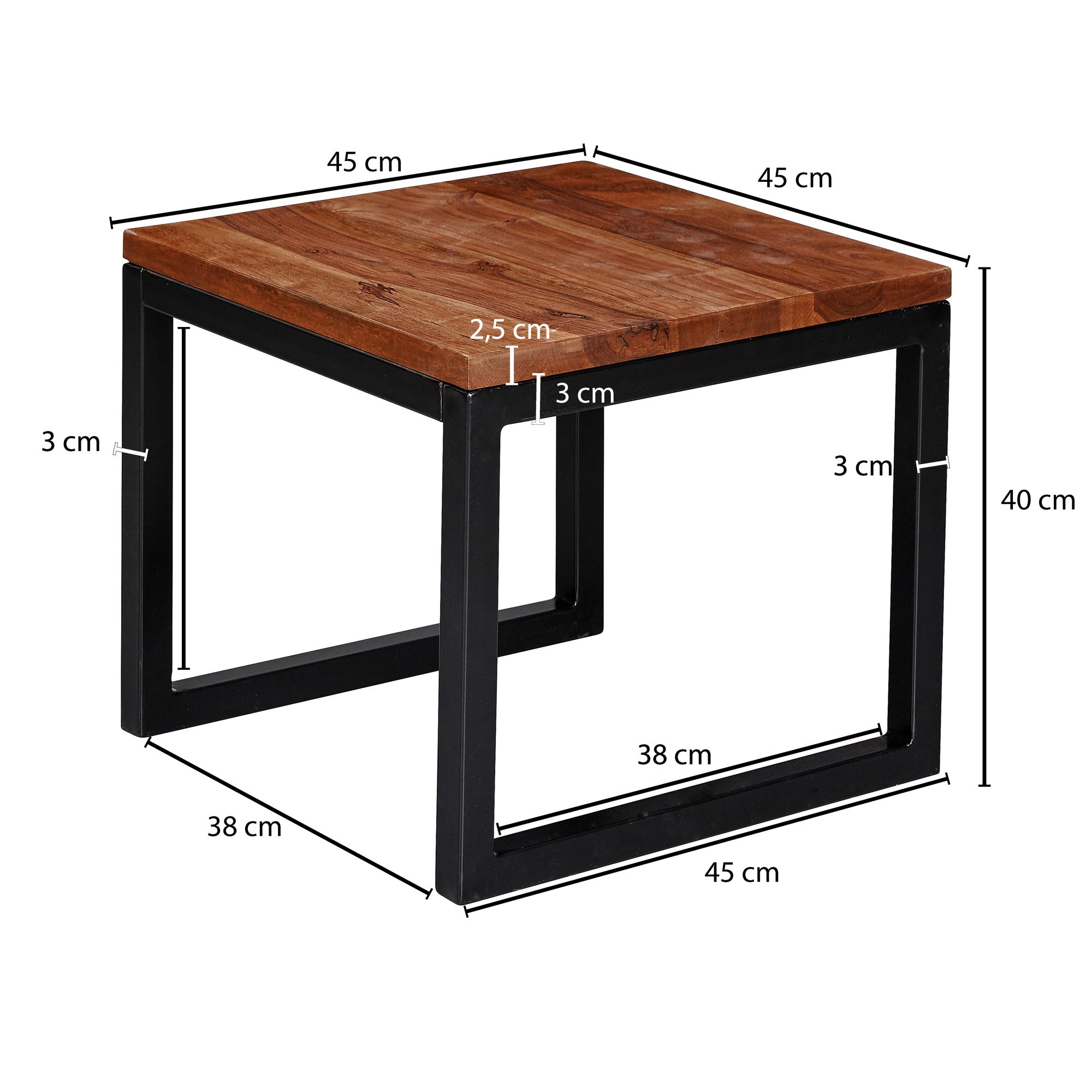 Bijzettafel 45x40x45 cm sheesham massief houten / metalen salontafel