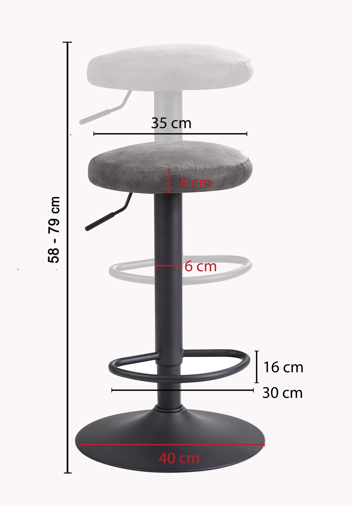 Barkruk grijs suède  barkruk zonder rugleuning 58 - 79 cm